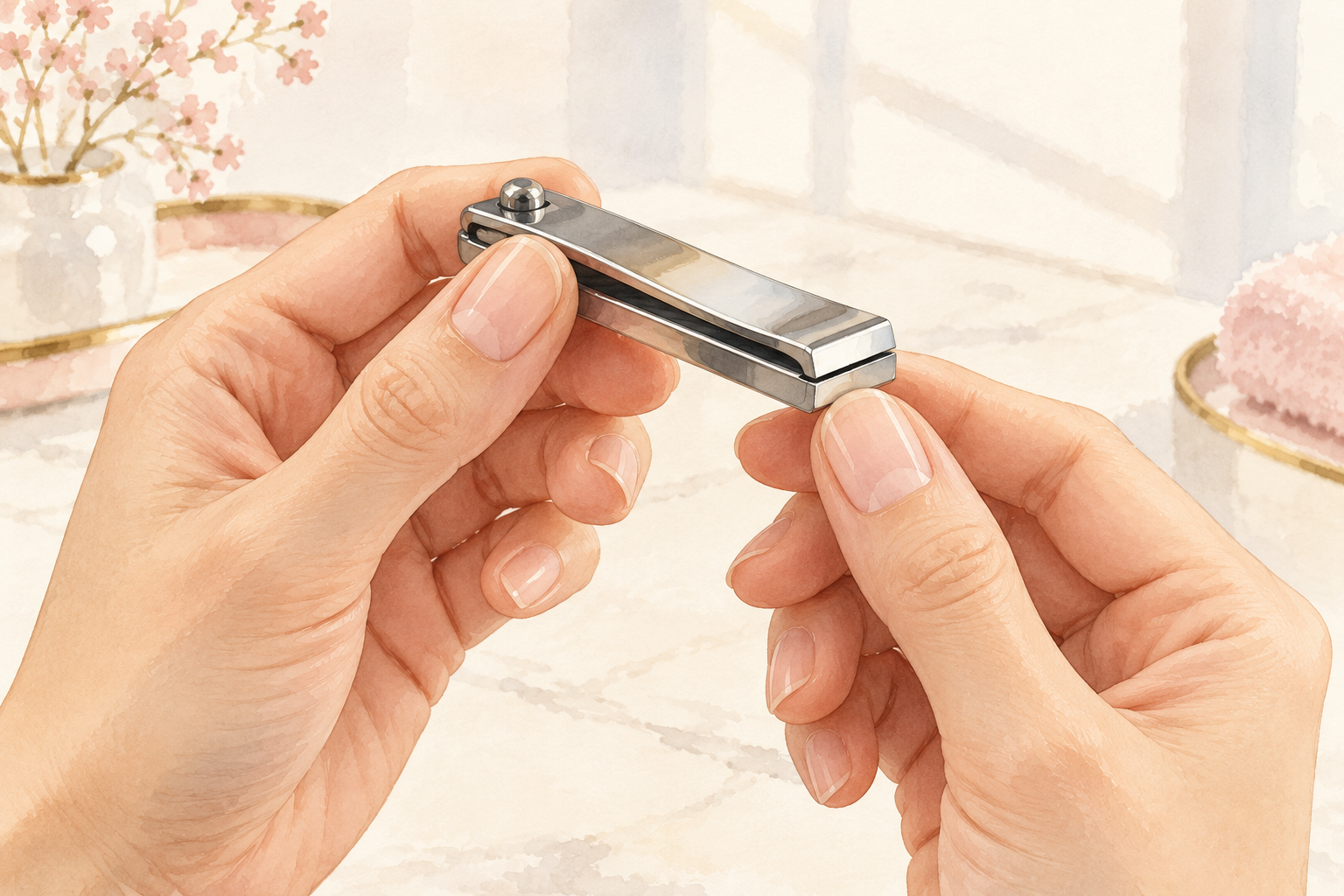 Closed straight-edge clippers are held toward a window to inspect the blade seam.