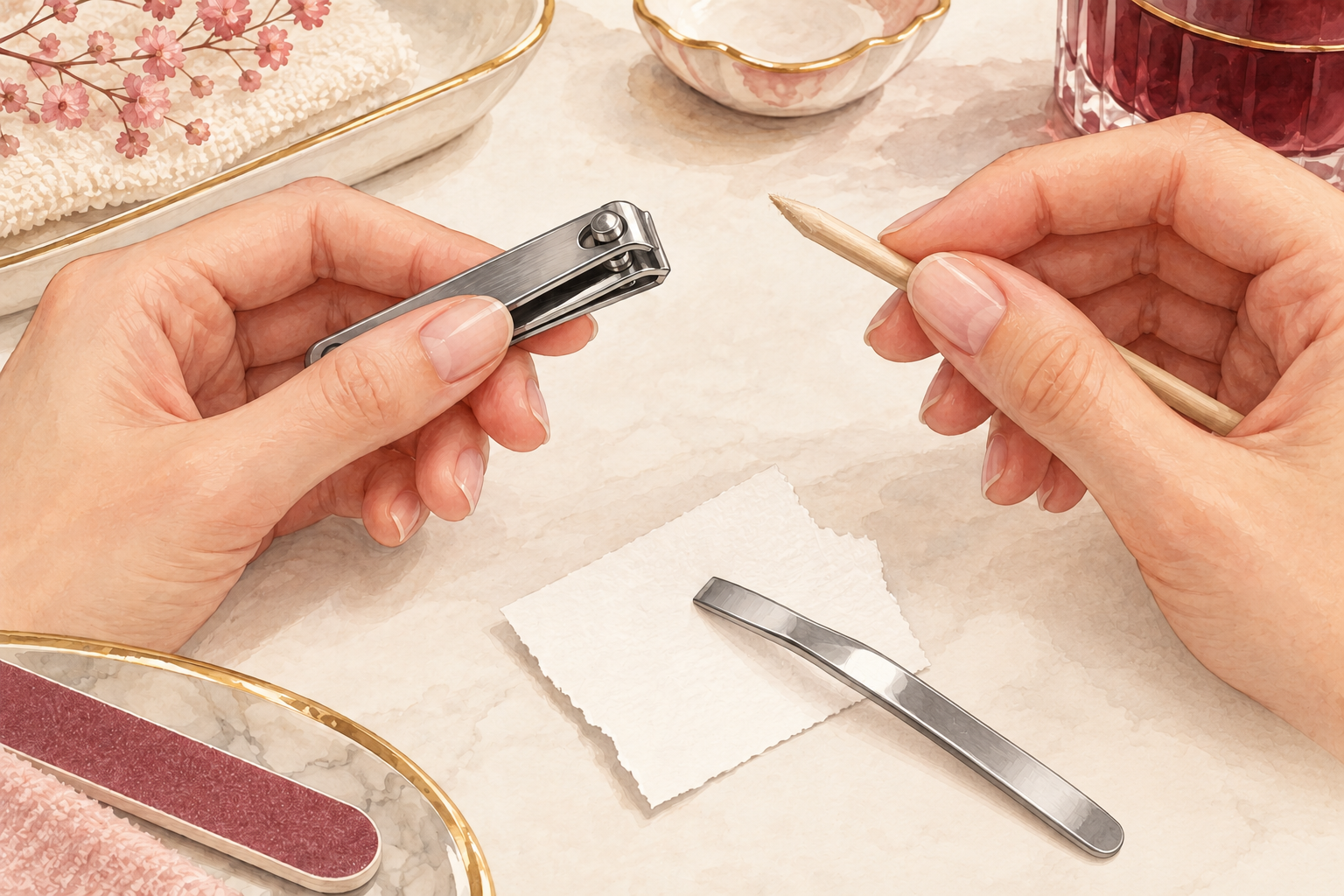 Nail clippers and a wooden stick are inspected beside a small scrap of paper, with a metal implement resting on the paper.