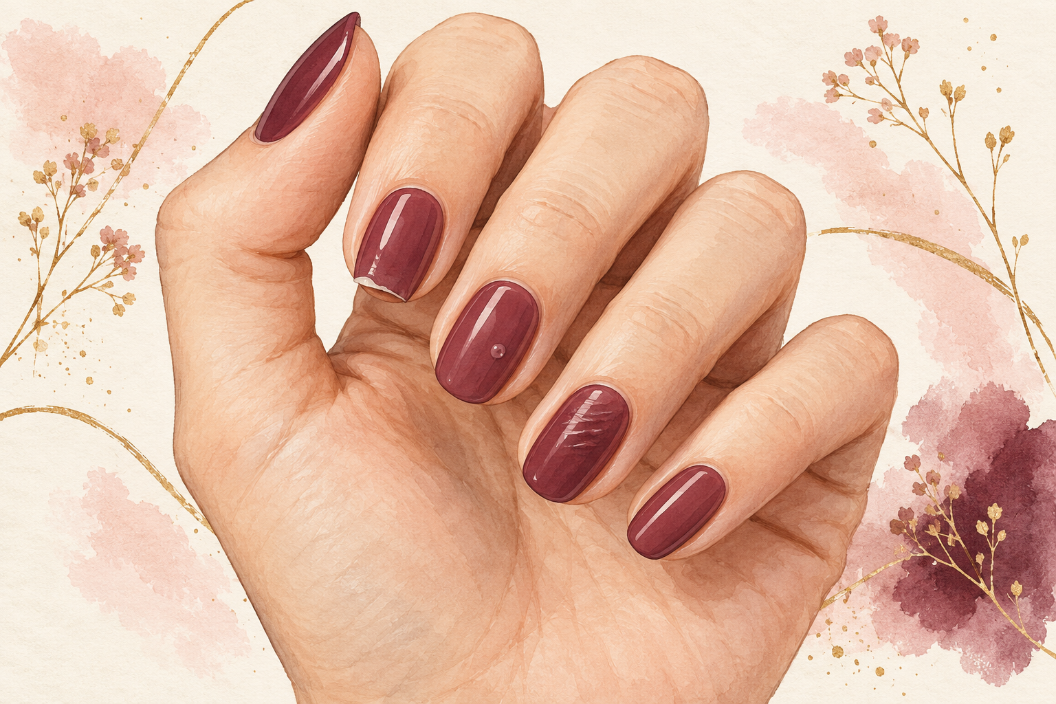 Gel-polished nails on one intact hand show a subtle lifted edge, a small bubble and a shallow surface wrinkle.