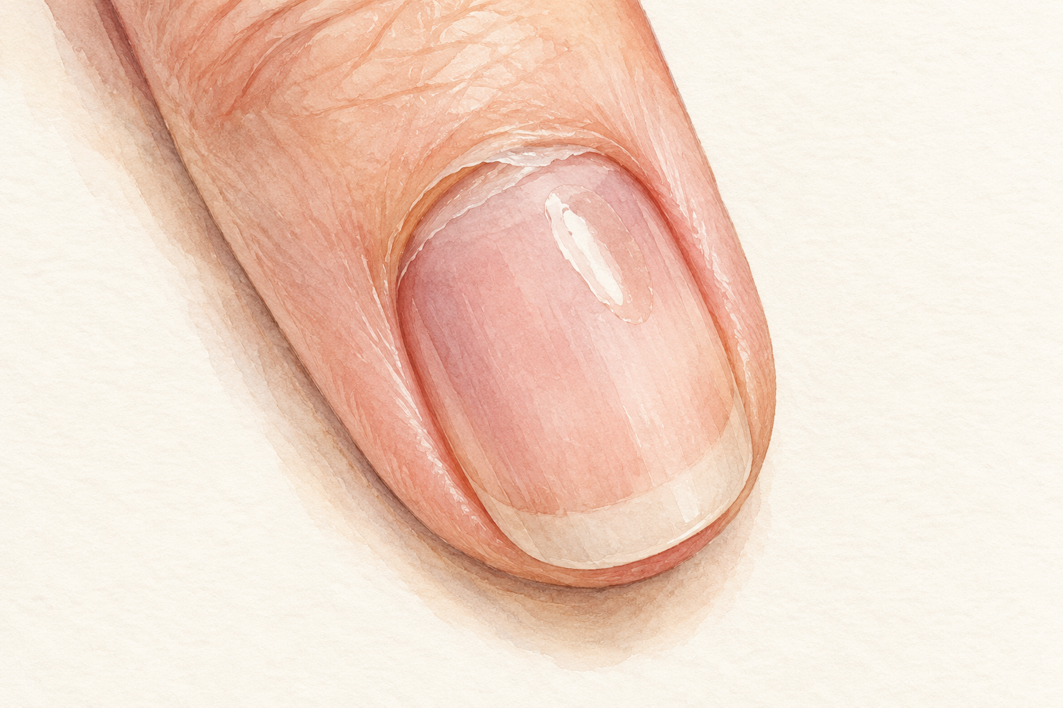 A natural nail plate is shown beside a small glossy patch and a thin skin film near the fold.