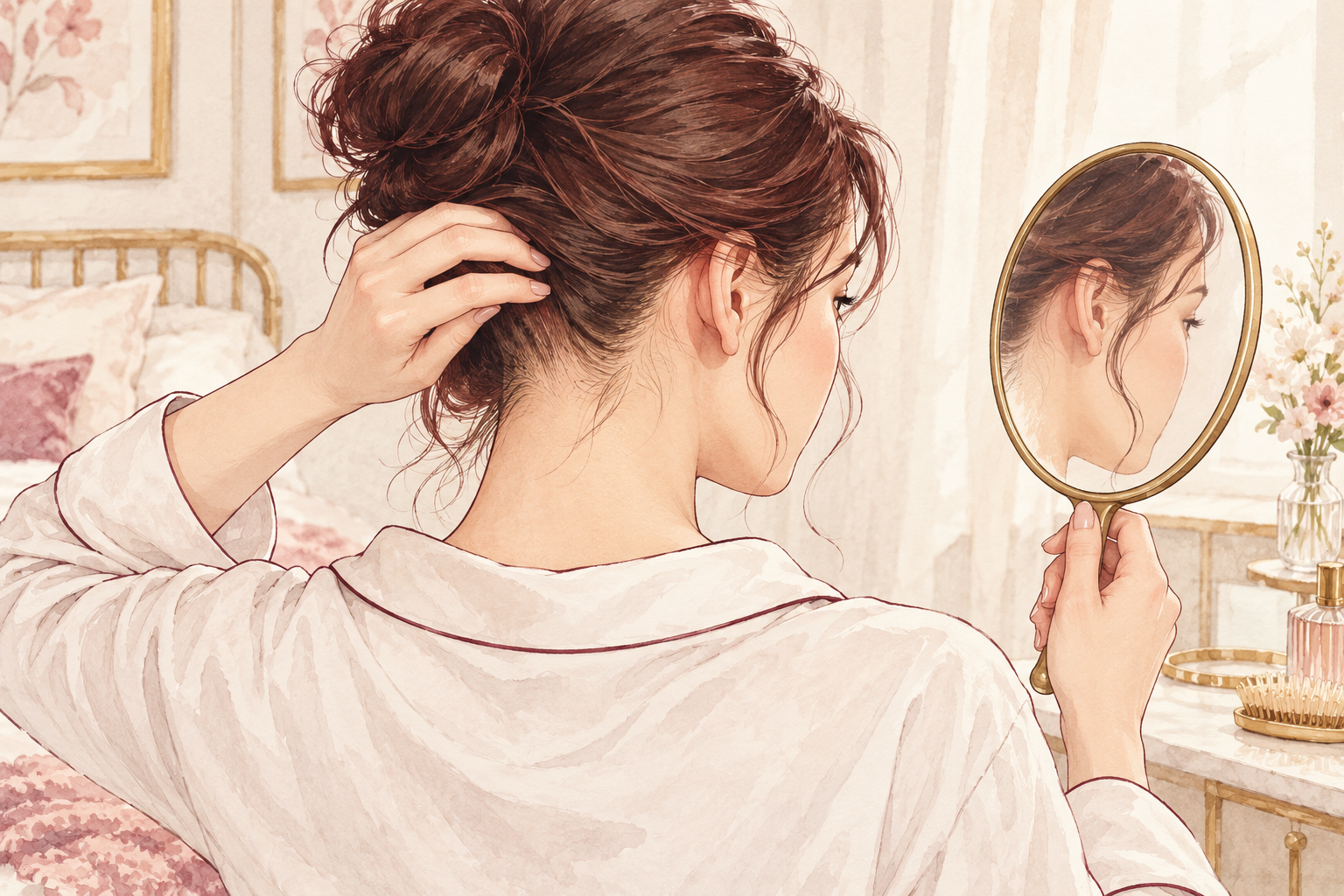 A woman uses her fingertips and a hand mirror to check the hair behind her ear and at the nape.