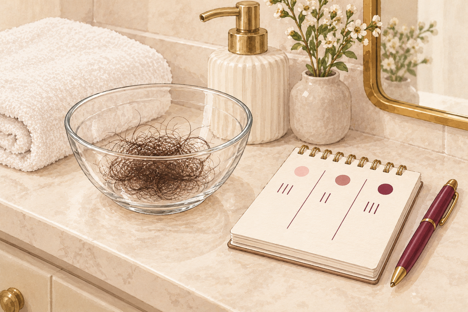 Loose shed hairs sit in a small bowl beside a blank notebook and pen.