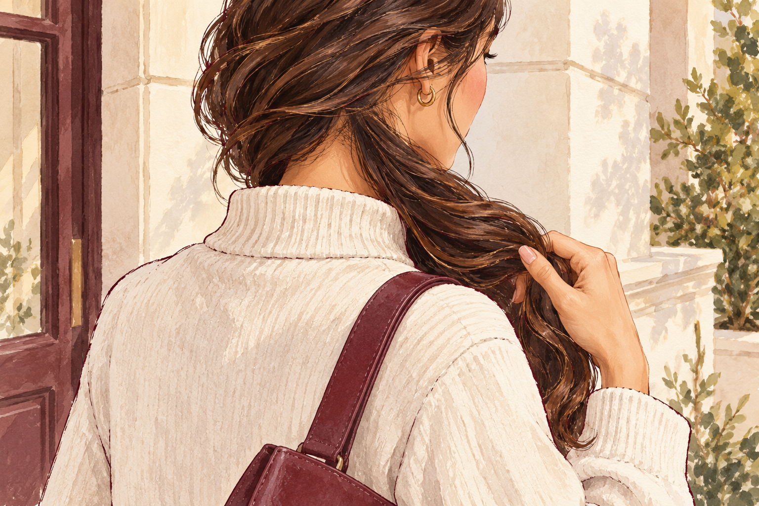 A woman guides long hair forward outside the high knit collar of her sweater.