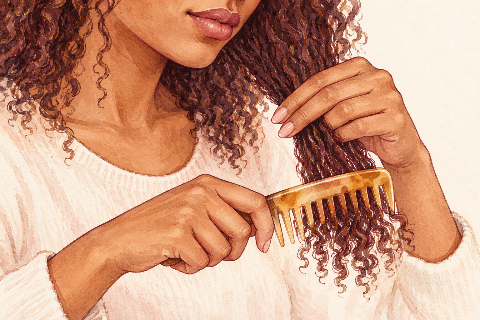 A wide-tooth comb starts at the ends of a dry textured hair section while the other hand supports it above.