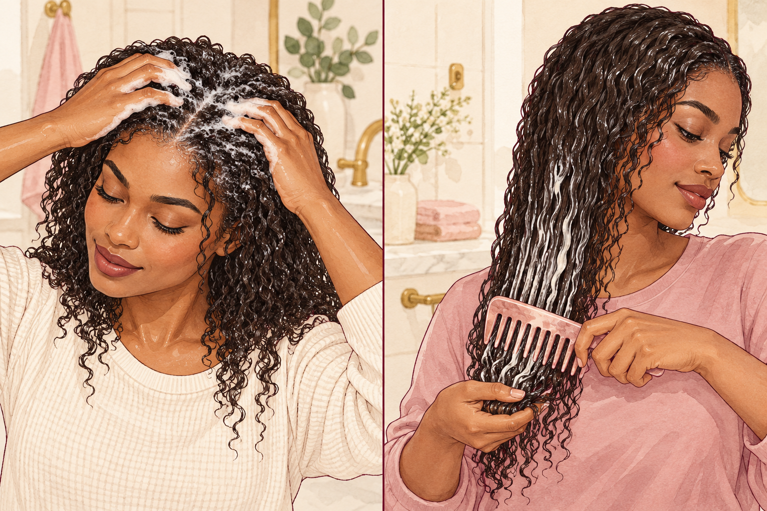 Two-panel gouache scene: fingertips work shampoo along a scalp part, while a wide-tooth comb moves conditioner through lower lengths.
