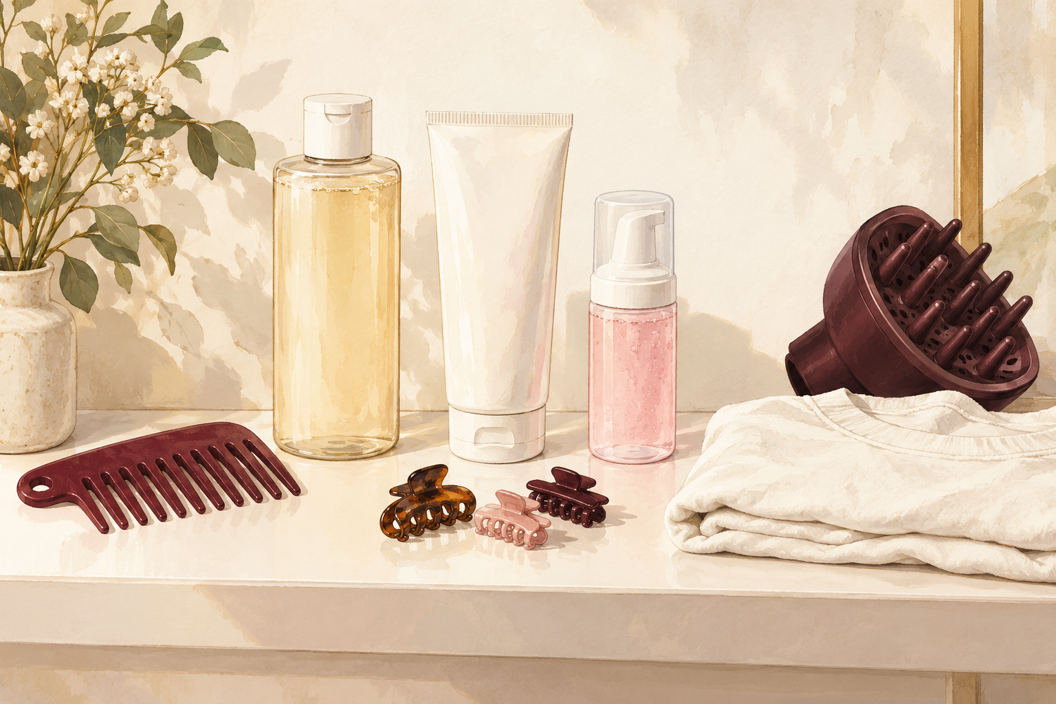 A wide-tooth comb, plain shampoo and conditioner bottles, a styling product, clips, a diffuser and a folded cotton T-shirt sit together on a cream shelf.