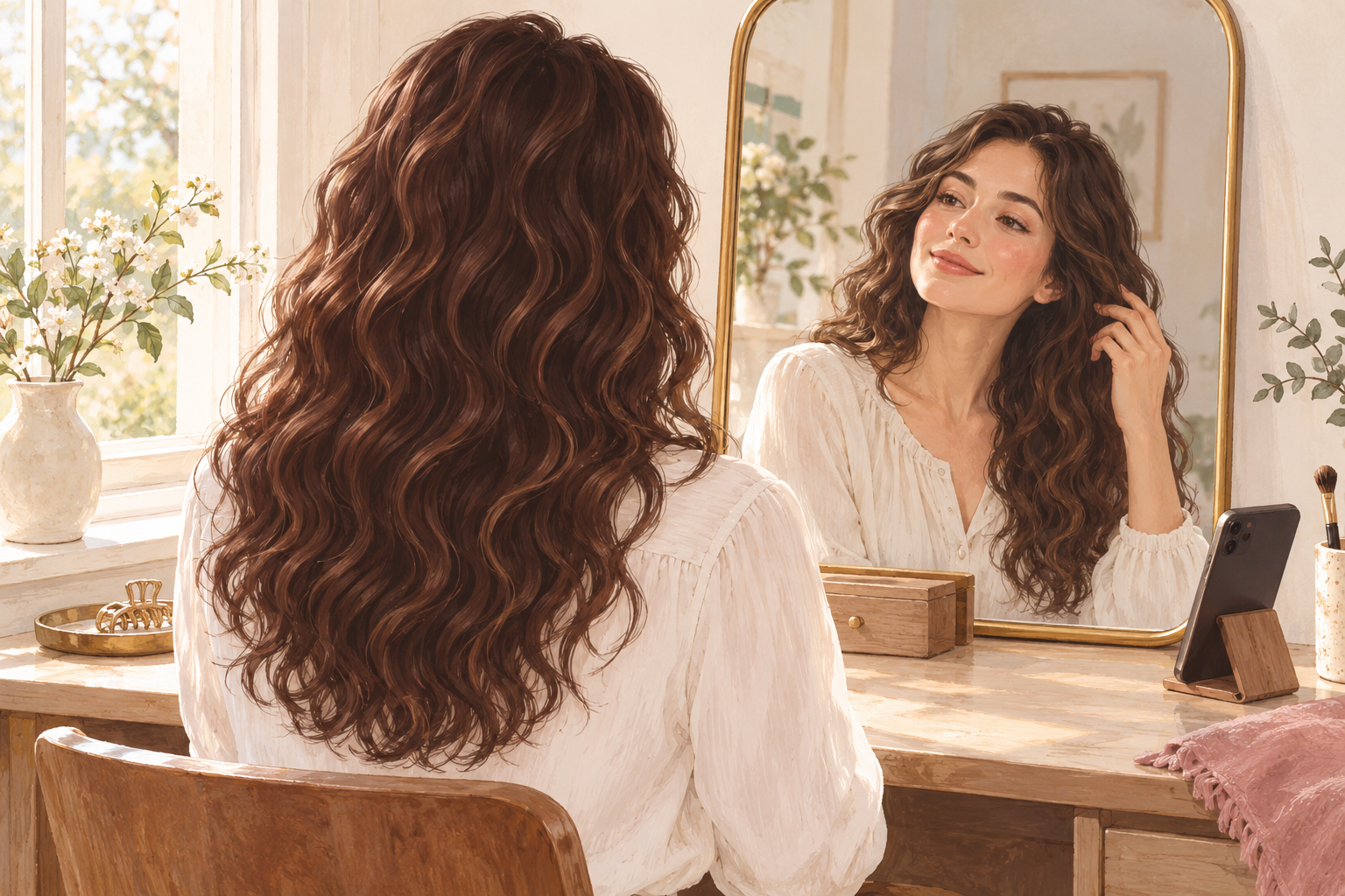 A clothed woman studies her attached loose S-shaped waves in a mirror beside a phone resting on a stand.