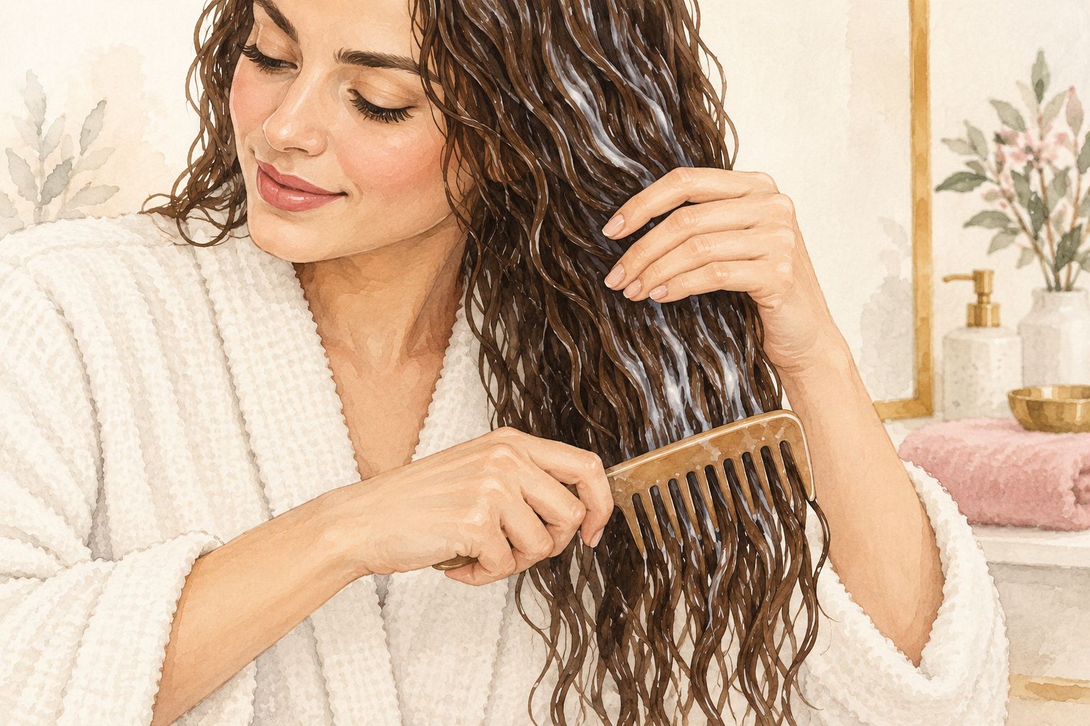 A wide-tooth comb moves through wet waves while a hand supports the section above it.