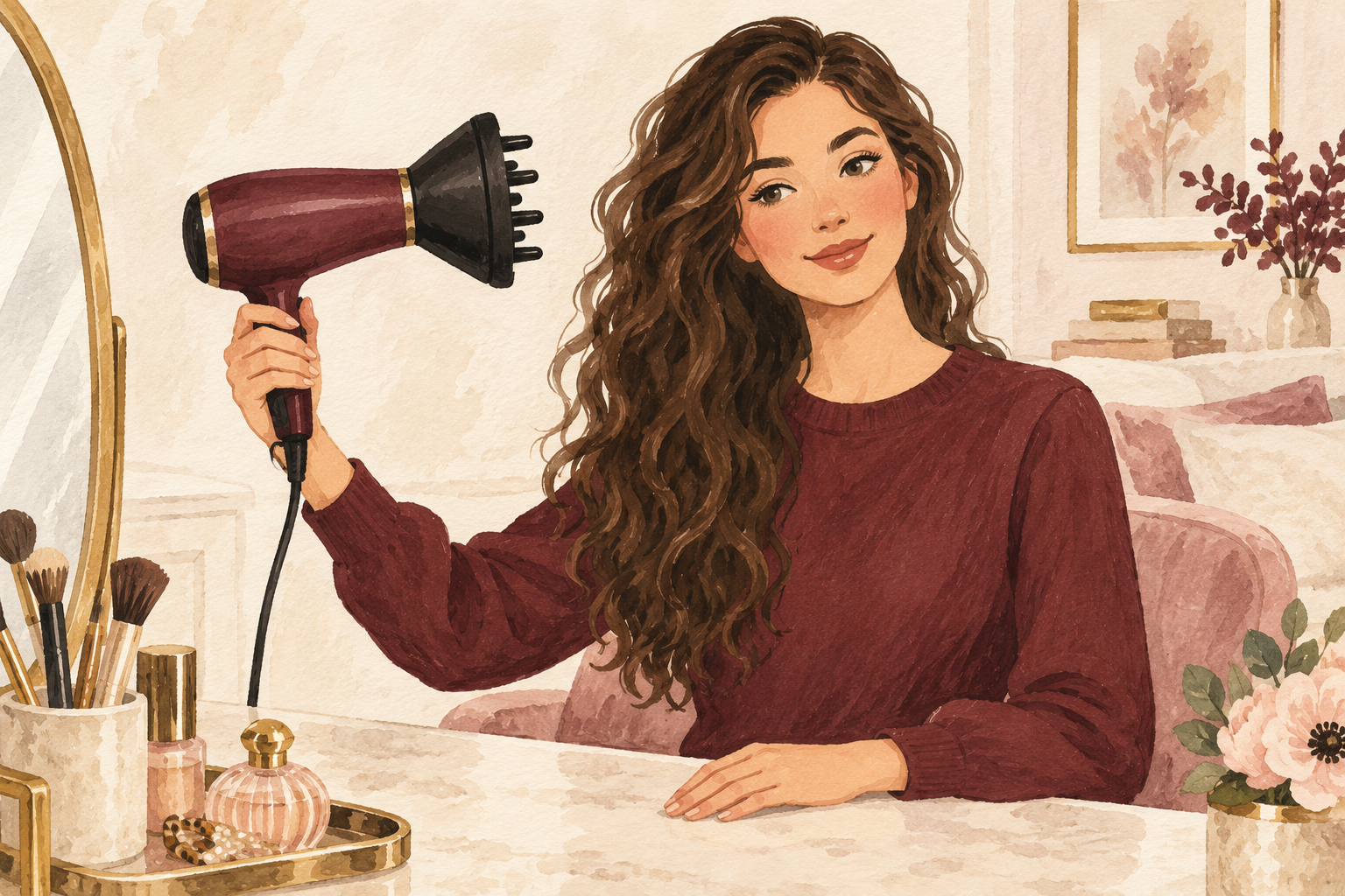 A clothed woman holds a diffuser a clear distance from her loose waves while her other hand rests on the table.