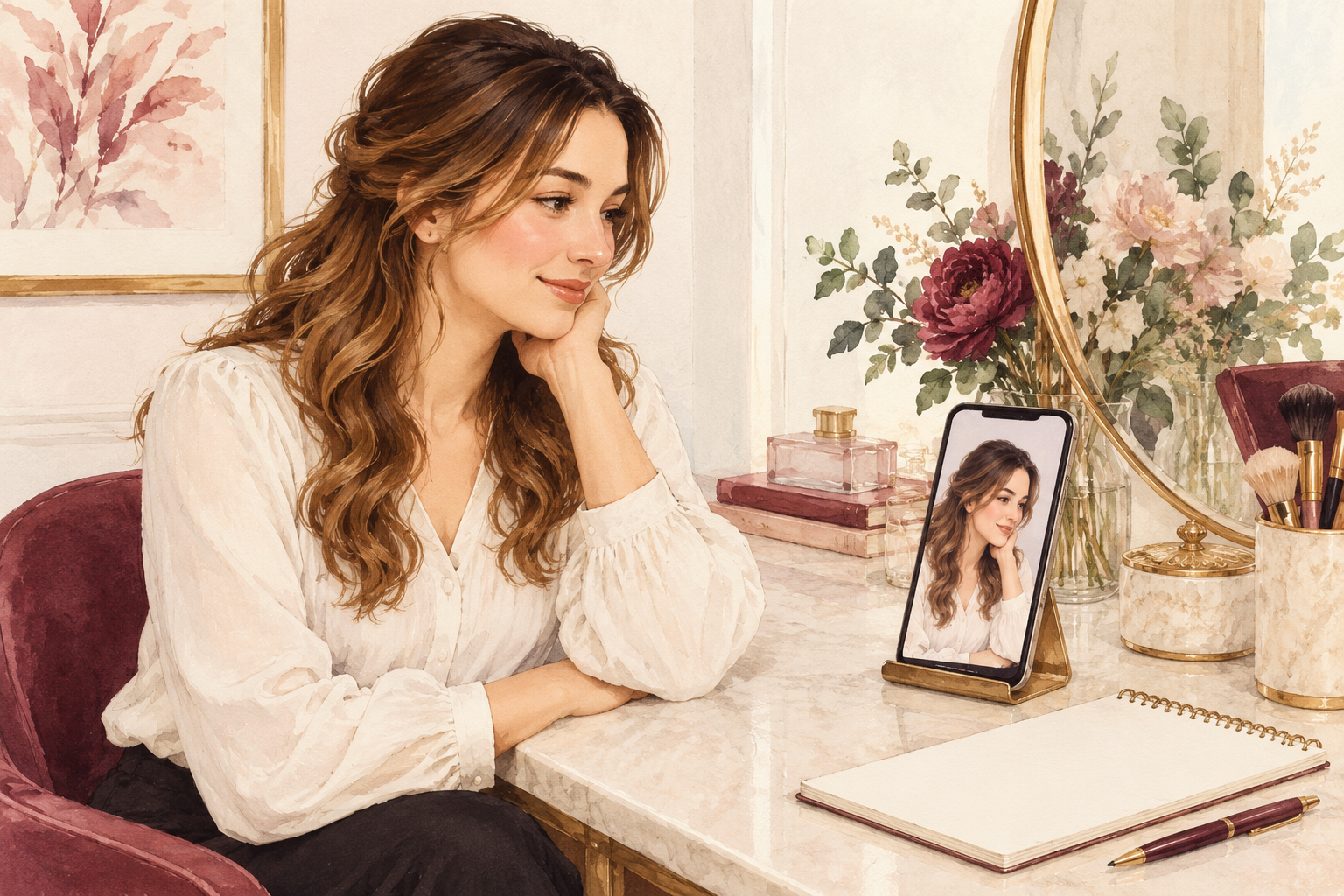 A clothed woman sits beside a phone showing one neutral portrait of her loose waves and a blank notebook.