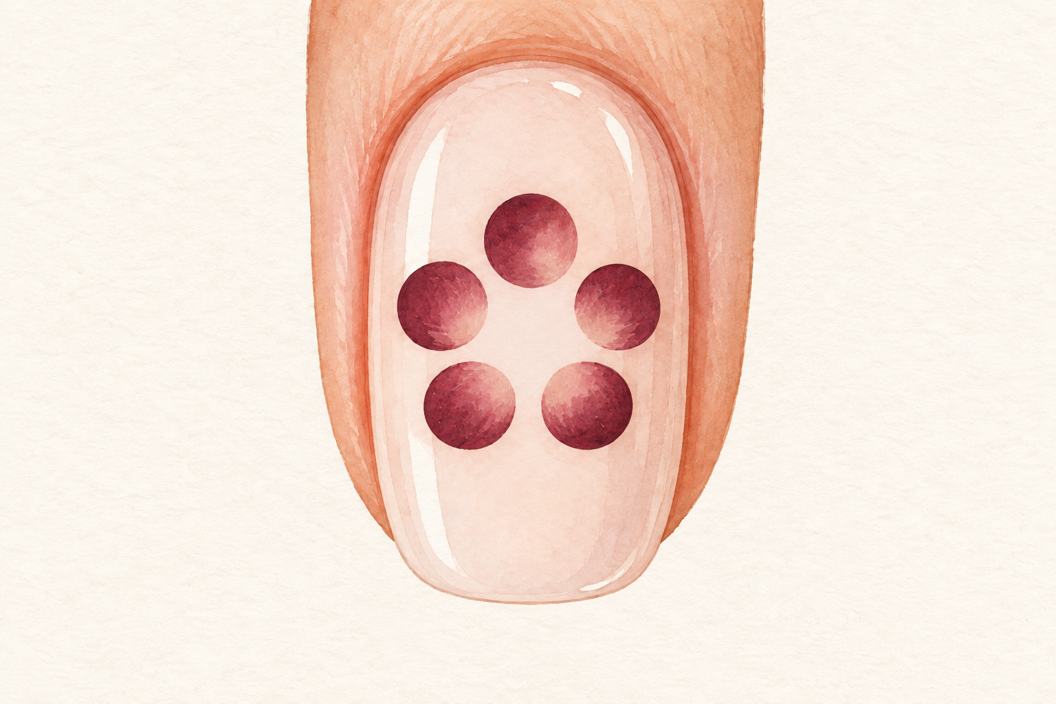 Five separate round petals form a ring on a natural nail with a clear open center and gaps between petals.