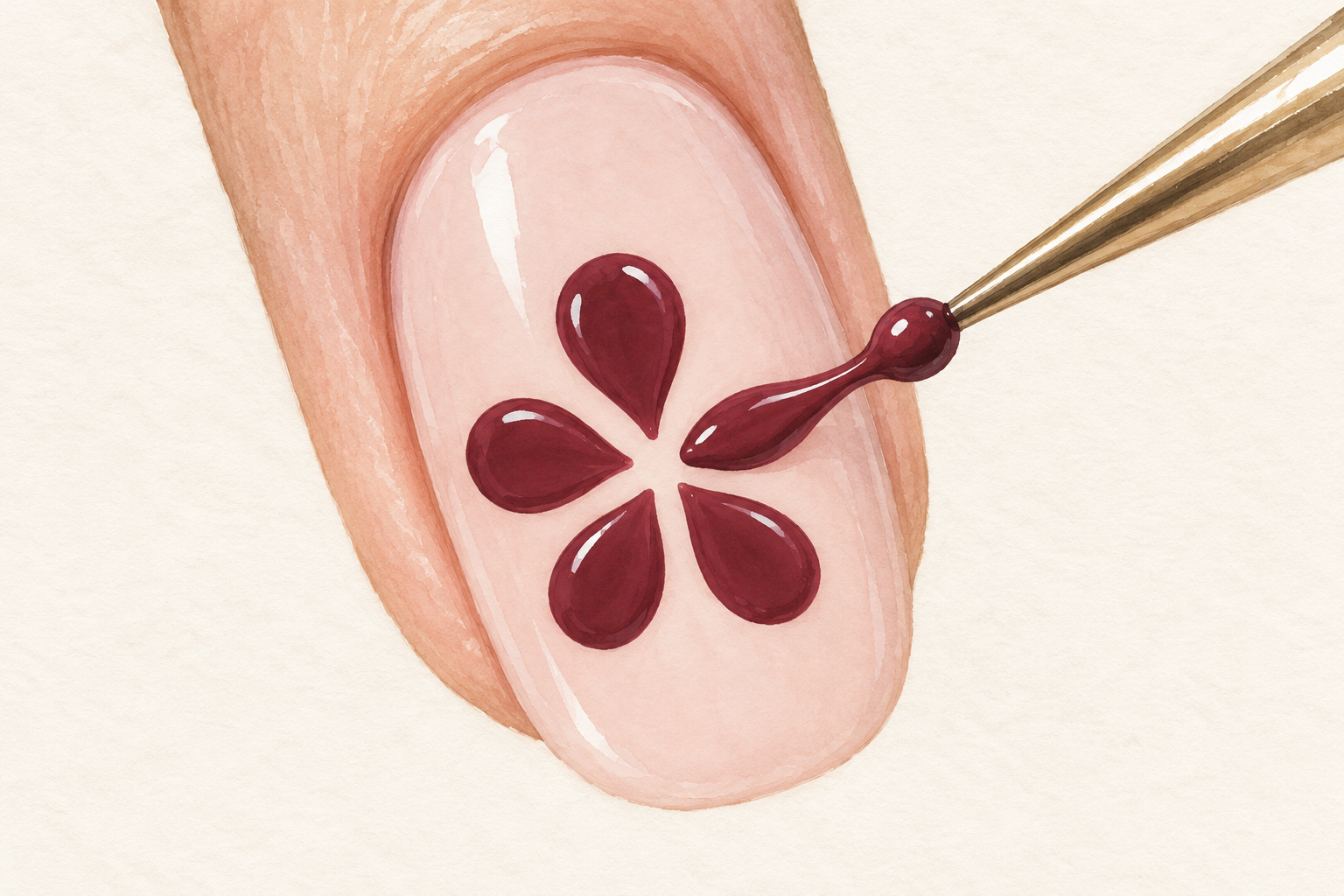 A dotting tool draws one round polish dot inward into a teardrop petal toward the flower center.