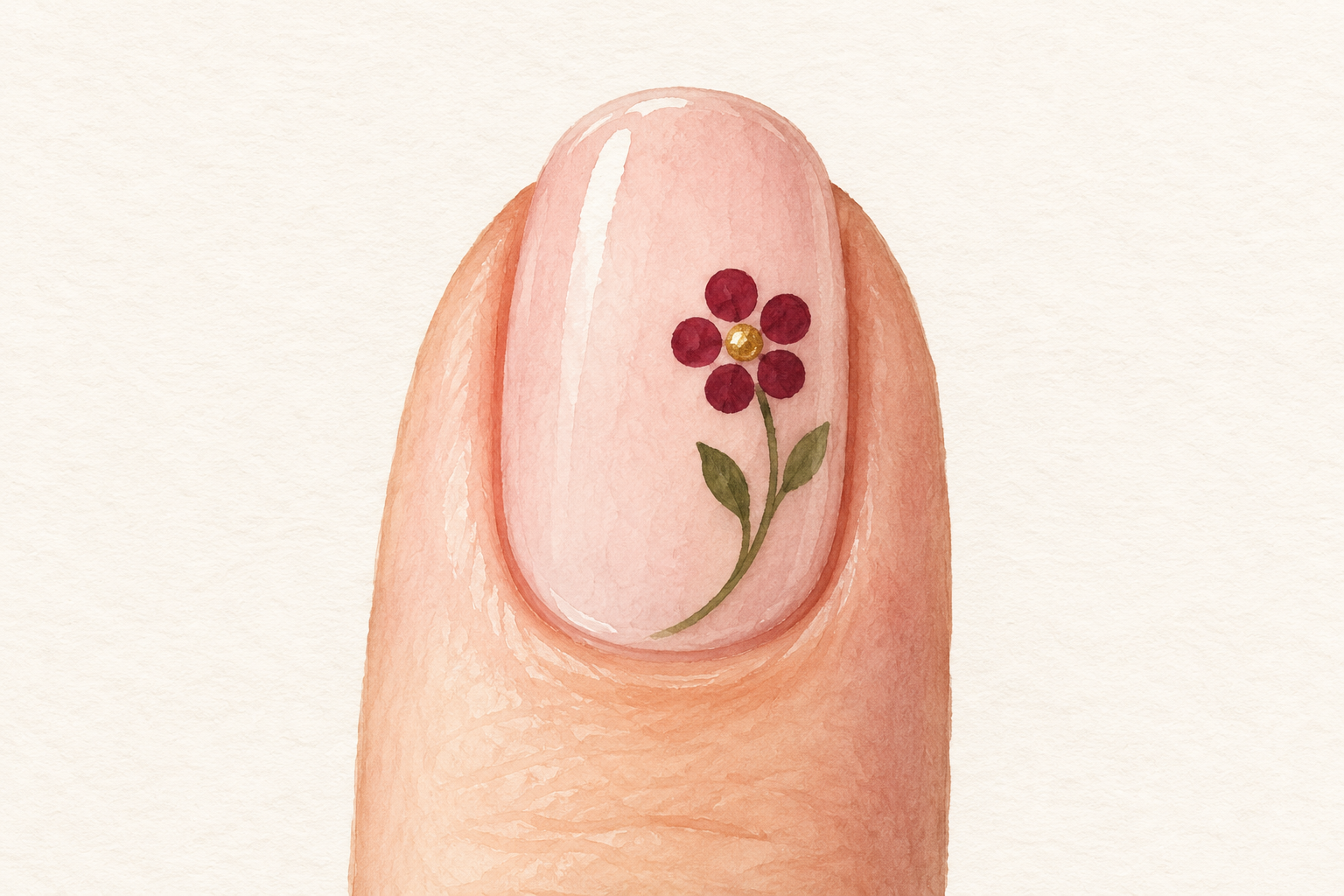 A small five-dot flower has one curved green stem and two leaves on a natural nail.