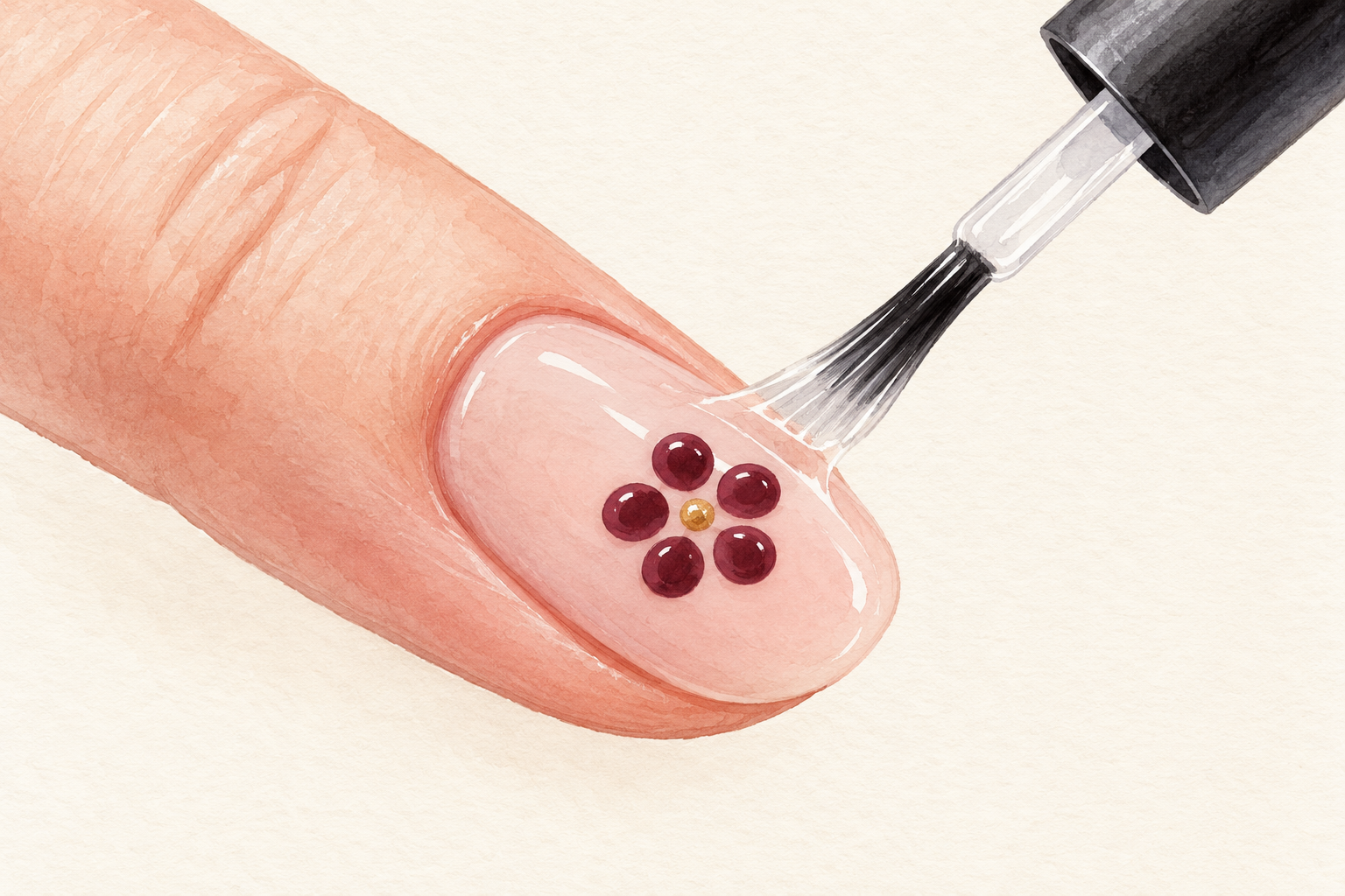 A clear topcoat brush floats over a raised five-petal flower design on a natural nail.