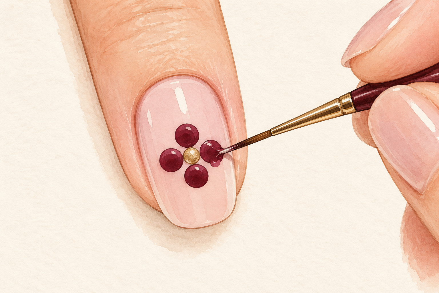 A small cleanup brush touches one merged polish dot while the other round flower dots remain on a natural nail.