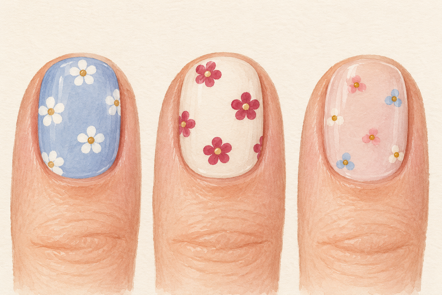 Three natural nail tips show white-on-blue, deep-pink-on-cream and tiny soft-color flower designs.