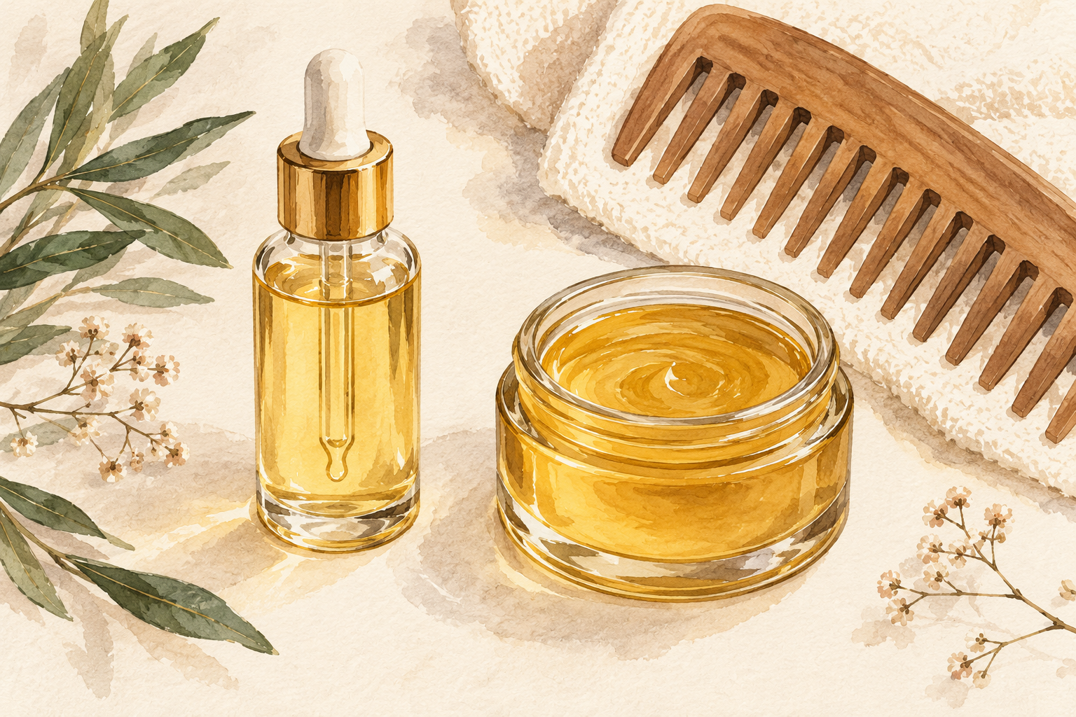 A slender dropper bottle and a richer oil jar sit apart beside a wide-tooth comb.
