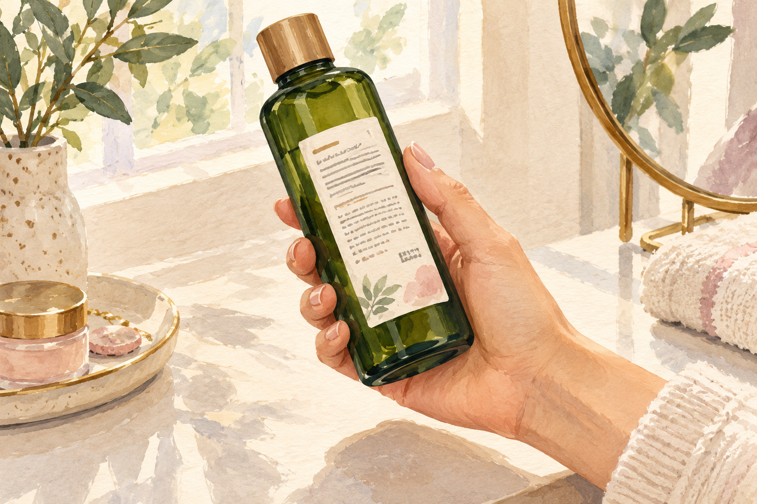 A hand turns a plain green bottle to show its back panel with tiny unreadable marks.