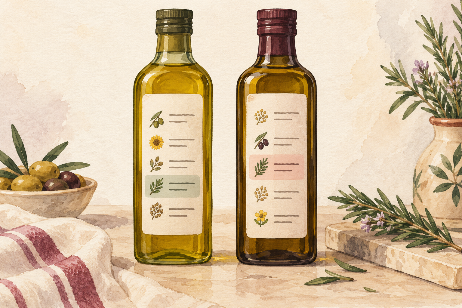 Two plain bottles show abstract ingredient rows with a highlighted row on each, beside a rosemary sprig.