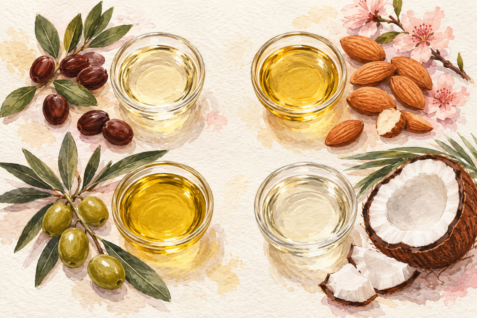 Four small dishes of oil sit beside brown seeds, almond kernels, an olive sprig and a coconut half.
