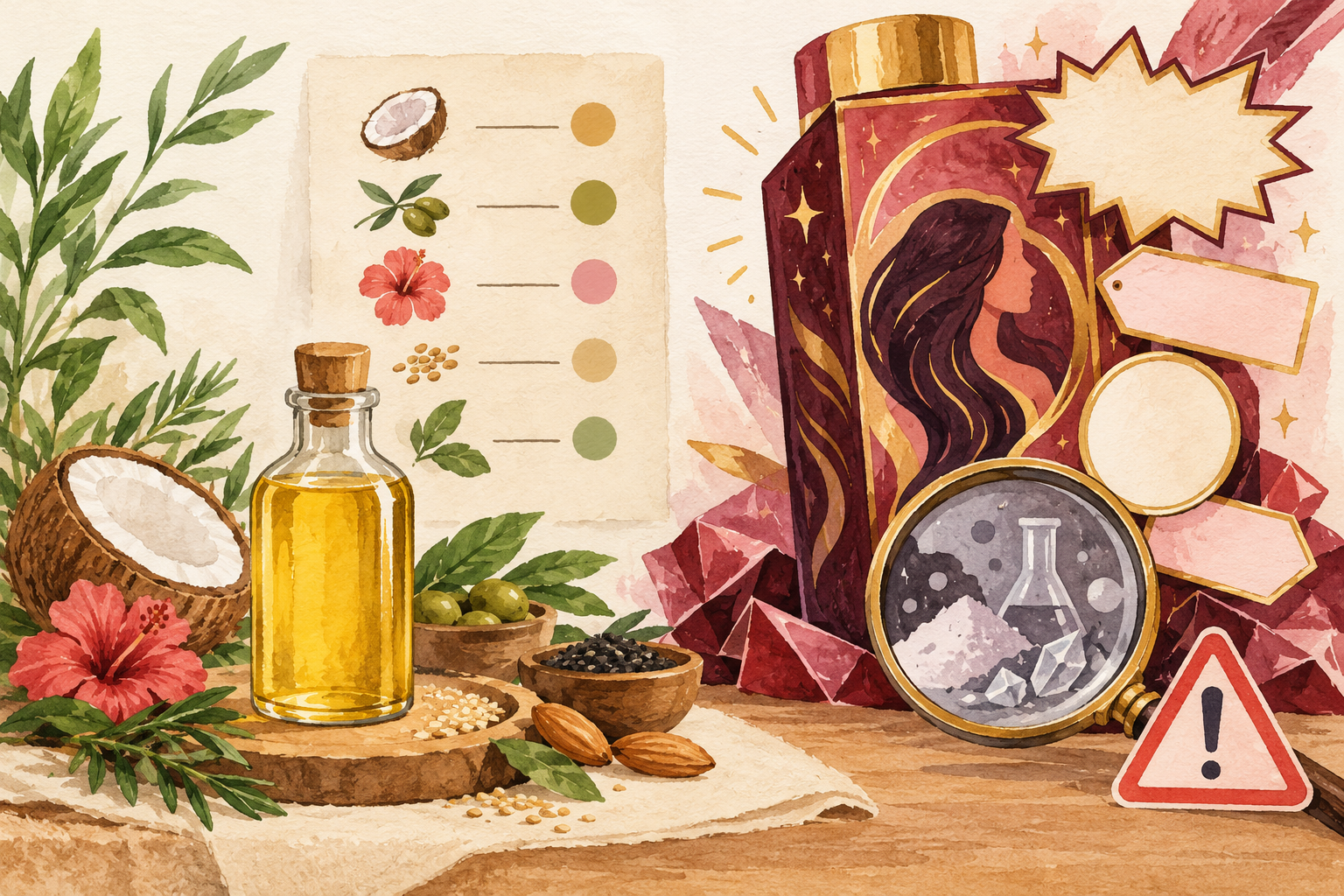 A plain oil bottle and abstract list sit beside a large decorative package and a warning-shaped card.