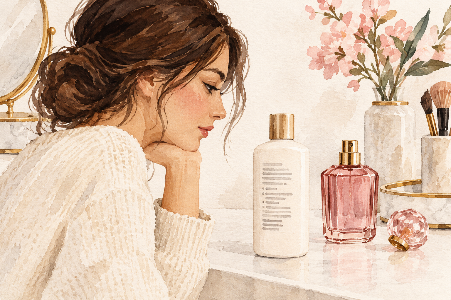 A woman studies the back panel of a plain bottle beside a tinted bottle with a decorative cap.