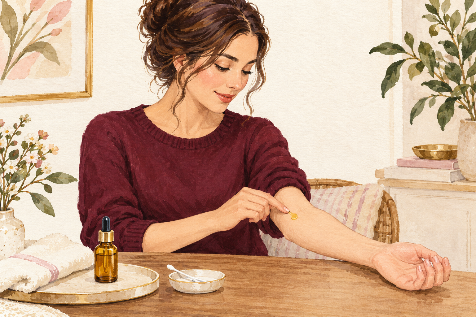 A woman dabs a small oil spot on intact skin on the inside of her forearm.