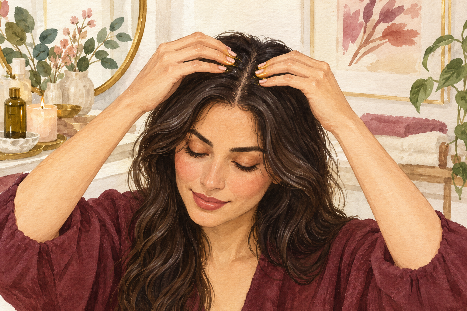 A woman massages her scalp with fingertips along a visible part.