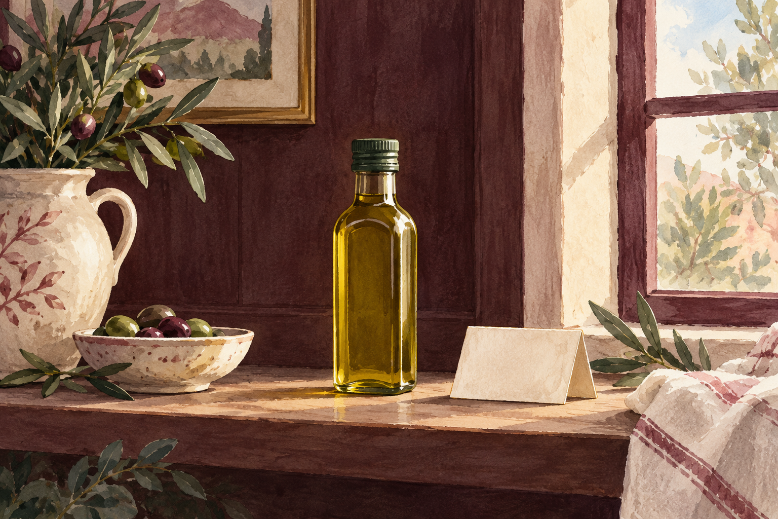 A capped oil bottle stands on a shaded shelf with a blank card beside it.