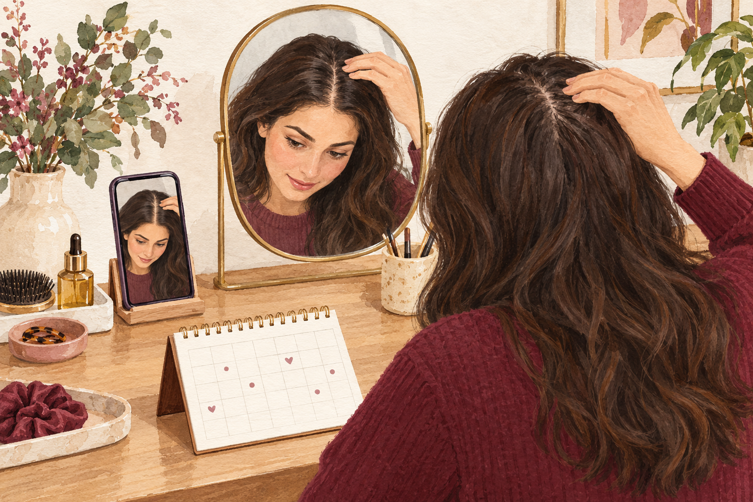 A woman checks her hair part in a mirror beside one phone reference and a marked calendar.