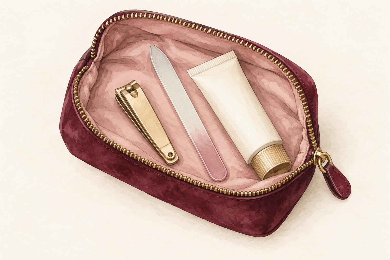 A compact pouch holds exactly nail clippers, one fine glass file and one plain hand-cream tube.