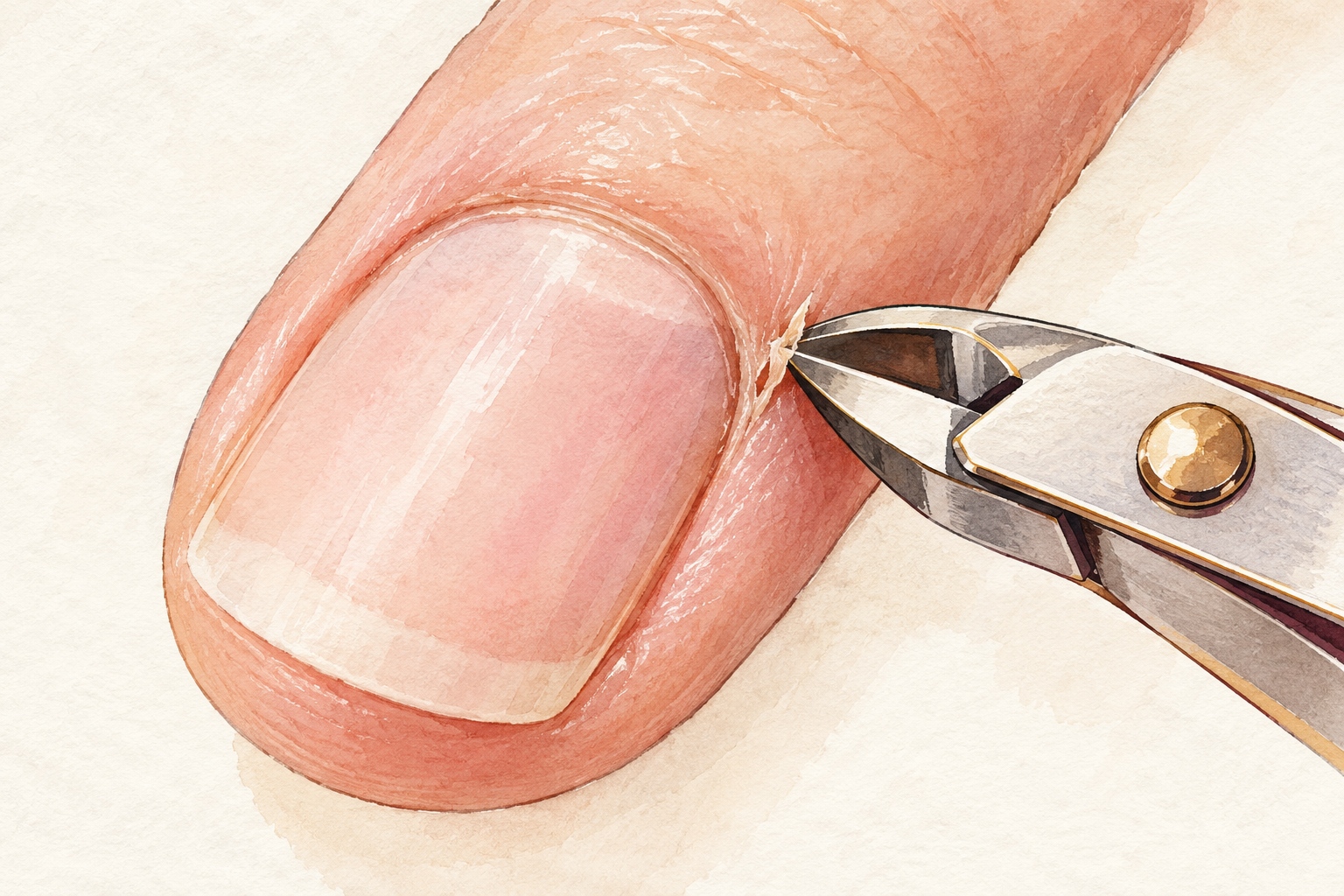 Small clippers trim only a loose hangnail above intact skin at a natural nail fold.