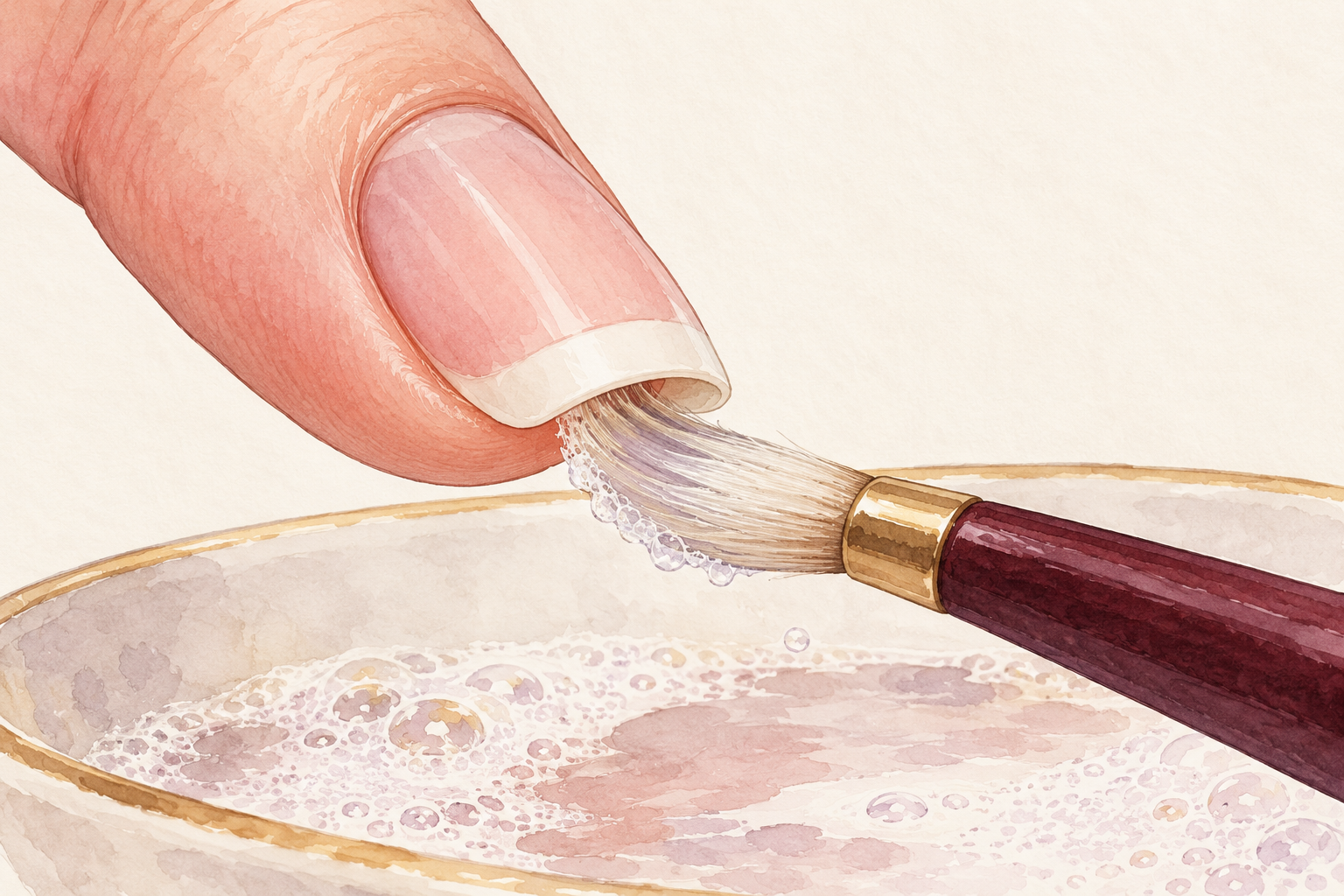 A soft nail brush gently cleans beneath the white free edge over a small basin of soapy water.