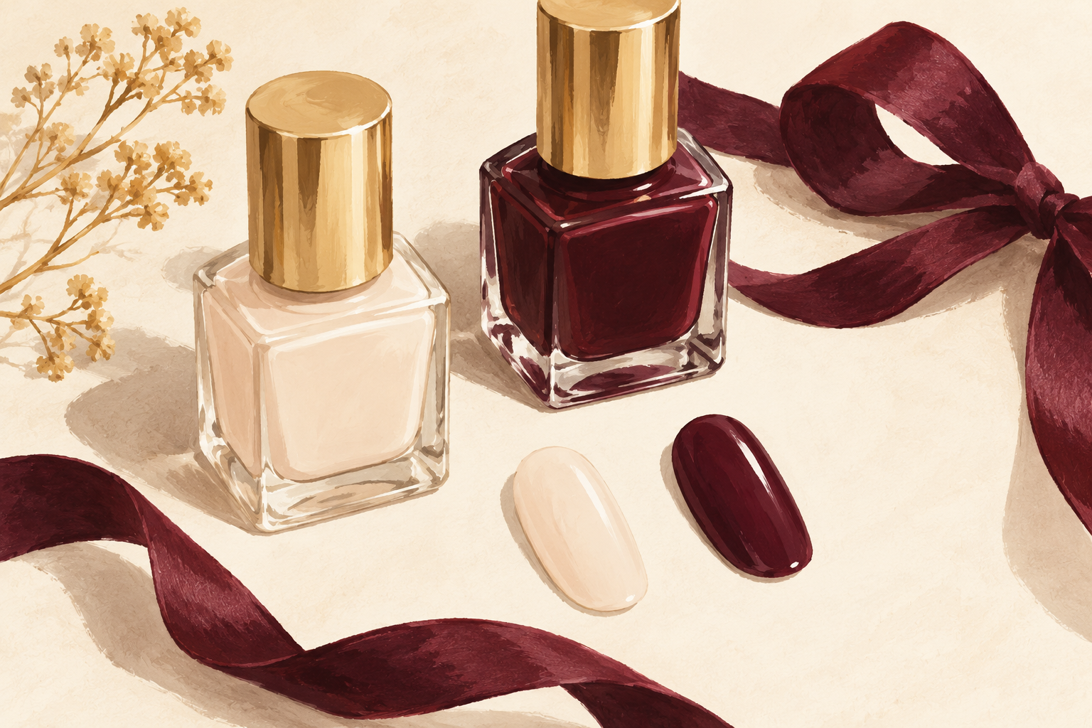 Two unlabelled polish bottles and swatches show pale cream and deep wine colors.