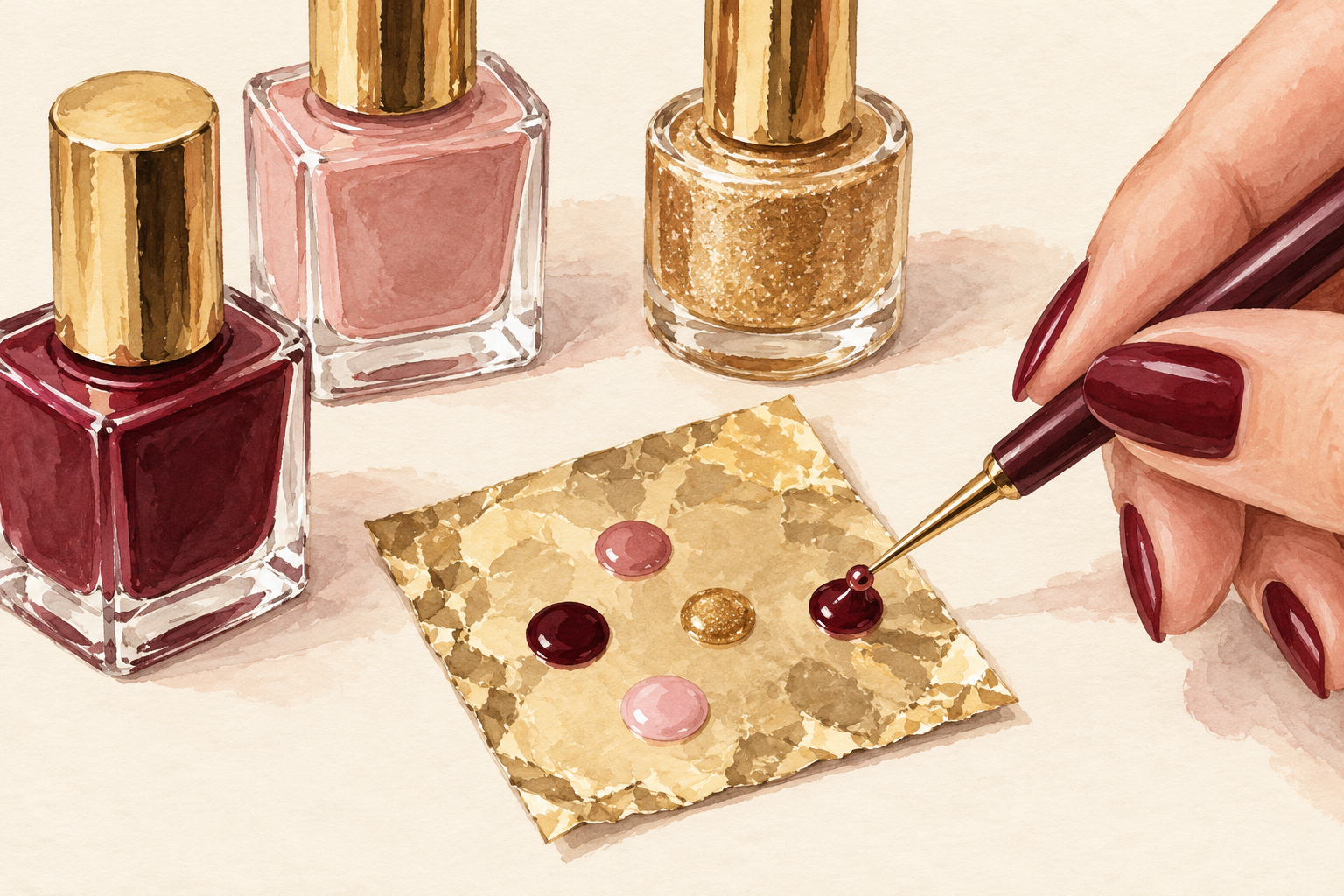 Small polish beads sit on a foil square beside a clean dotting tool and capped bottles.