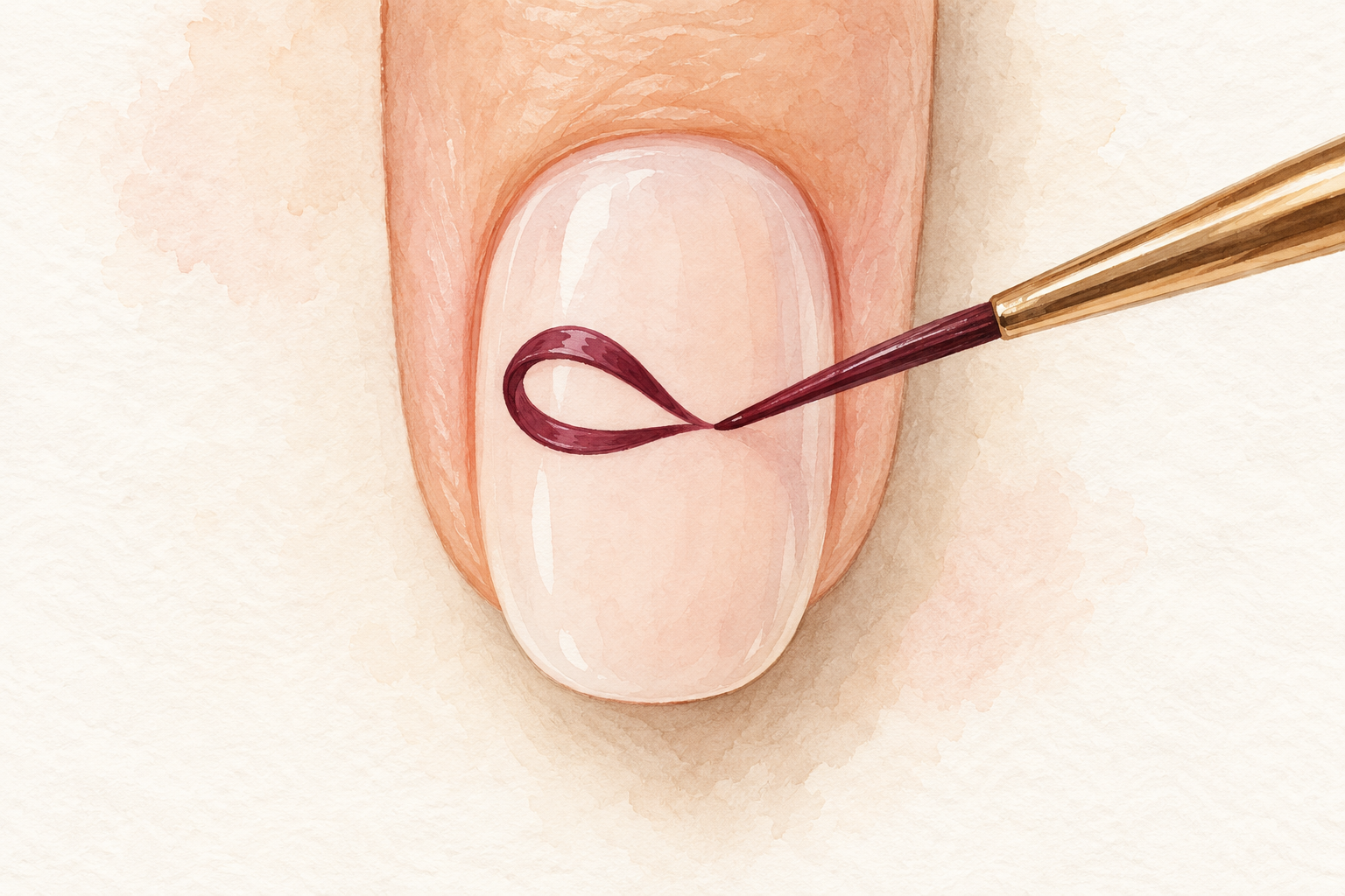 A fine brush draws the first small wine teardrop loop on a pale natural nail.
