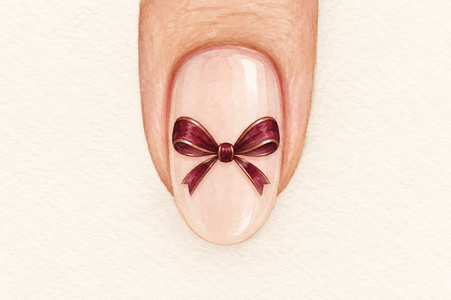 A small oval wine knot and two short angled tails complete the bow between its loops.