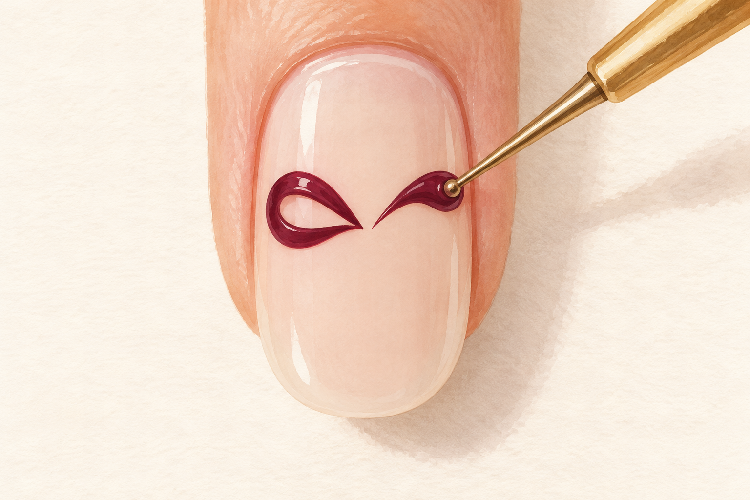 A dotting tool touches the right wine bow loop beside the finished left loop on a pale nail.