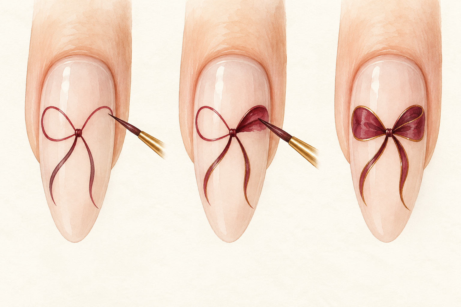 Three nail panels show a wine bow outline, one loop being filled, and a finished filled bow.