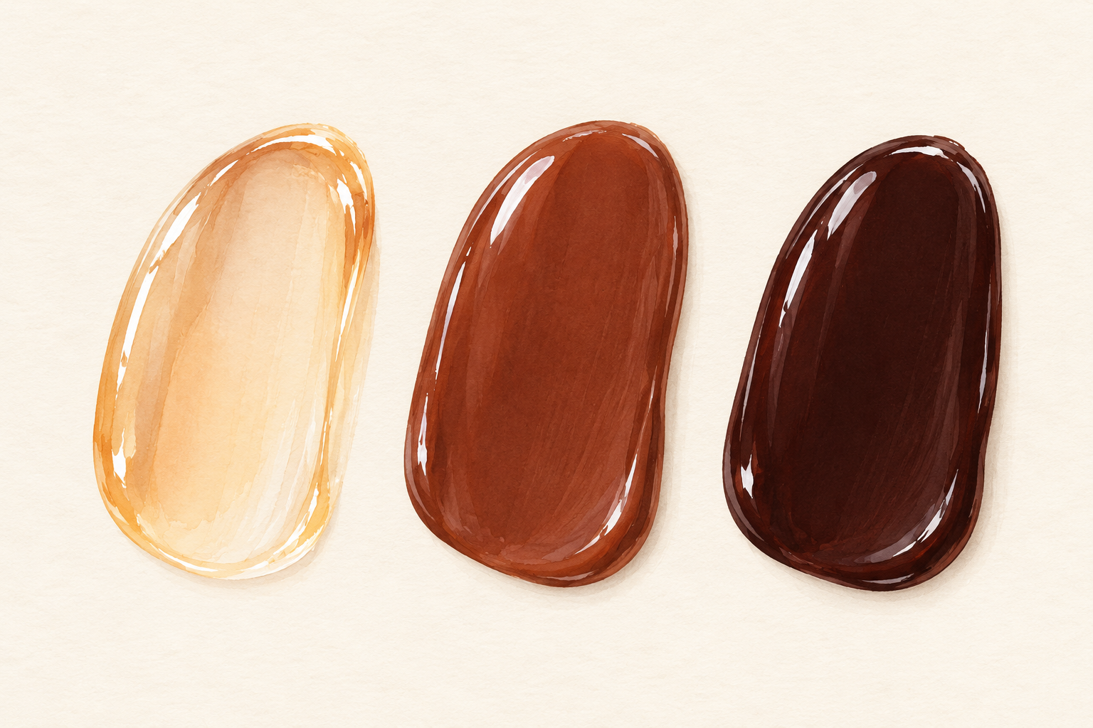 Three unlabelled swatches show sheer amber, warm chestnut brown, and deep espresso polish.
