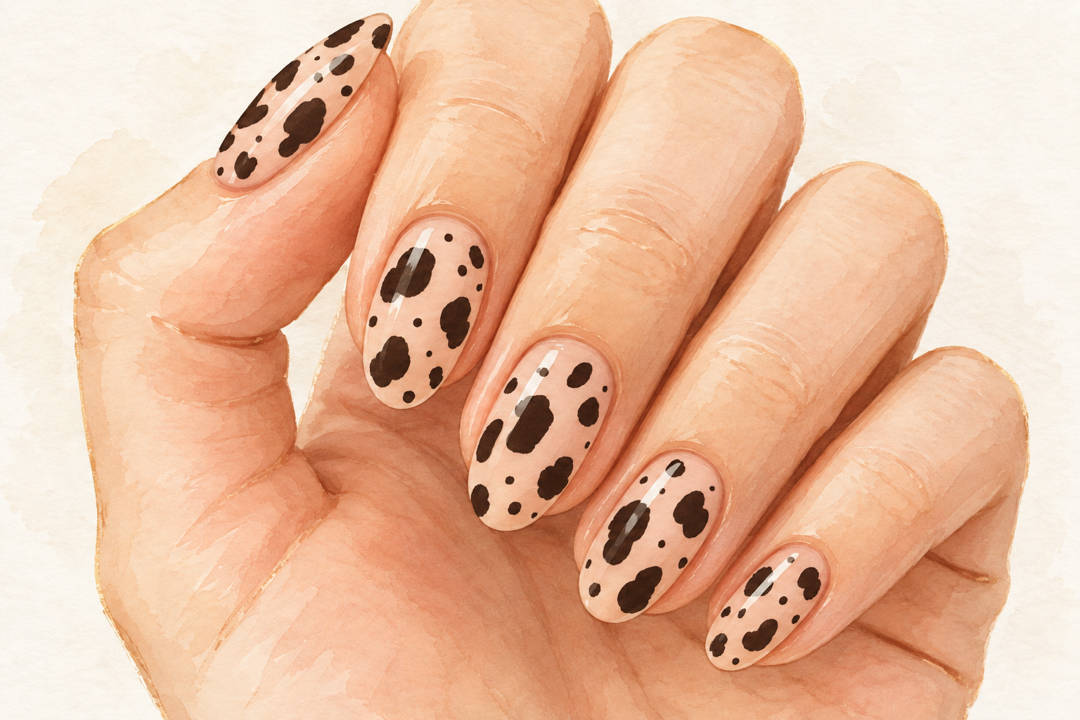 A hand shows irregular solid dark cheetah spots in varied sizes and shapes across several tan nails.