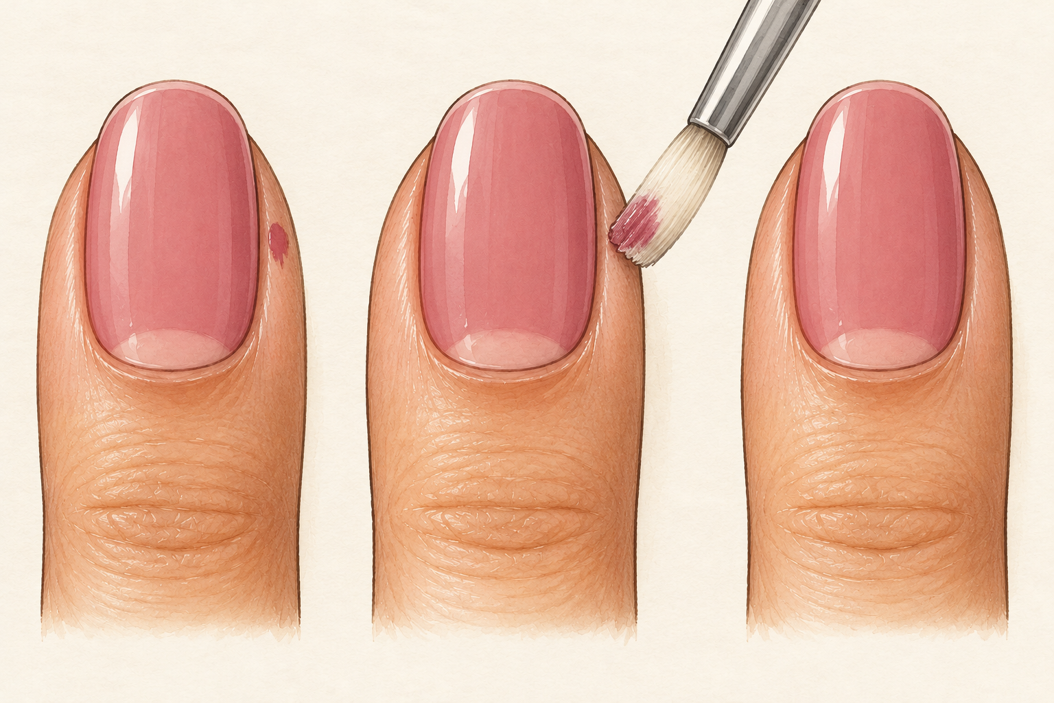 A barely damp flat brush cleans a small rose polish smudge from the skin beside a painted nail.