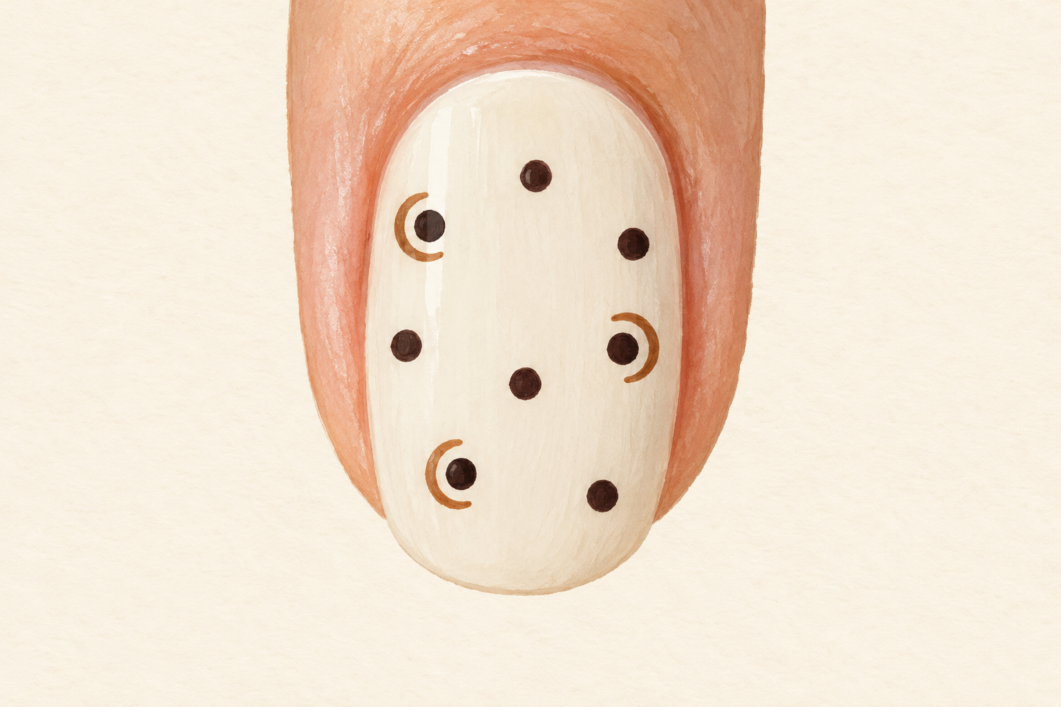 A cream nail has small solid dark spots, with a few surrounded by thin open warm-brown C-shaped strokes.