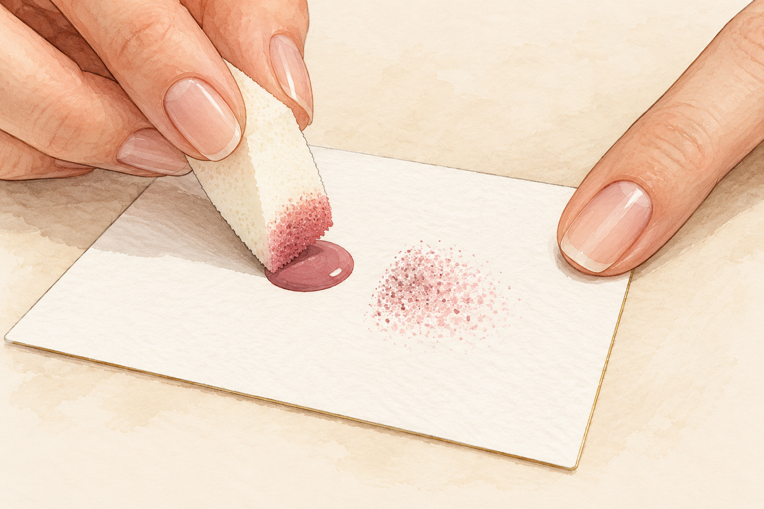 A sponge loads polish from a small dot and leaves a speckled test print on a card.