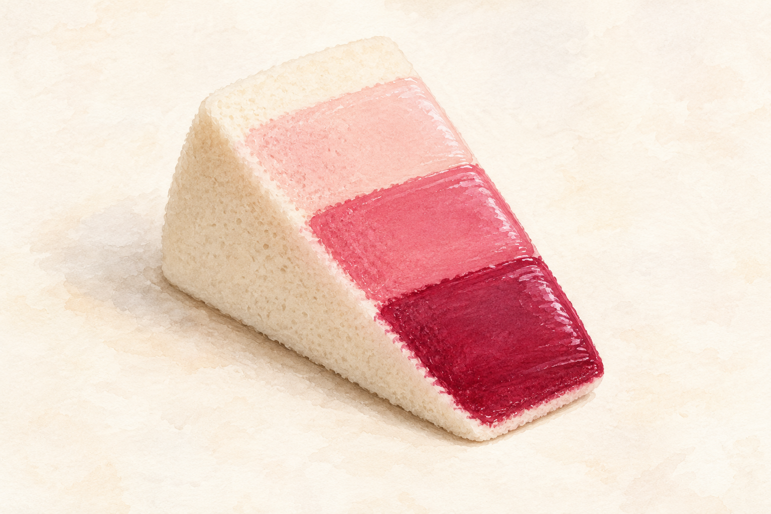 A wedge sponge holds three touching polish bands from pale pink through rose to deeper berry.