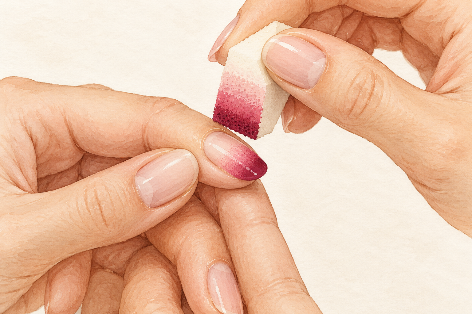 A hand holds a three-color polish sponge just above a nail with a pale-to-berry gradient.