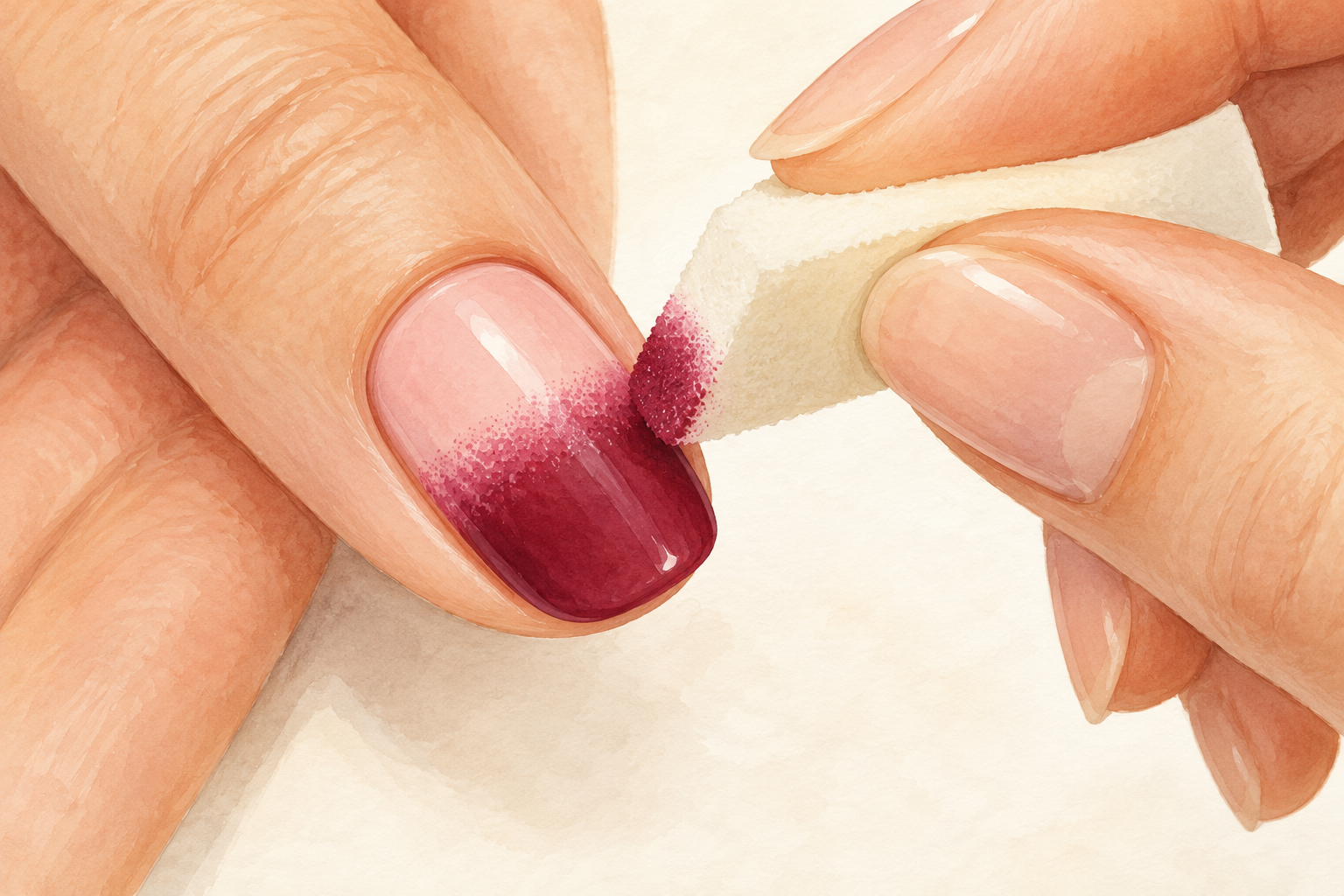 A clean sponge dabs vertically across a hard pink-to-berry gradient boundary.