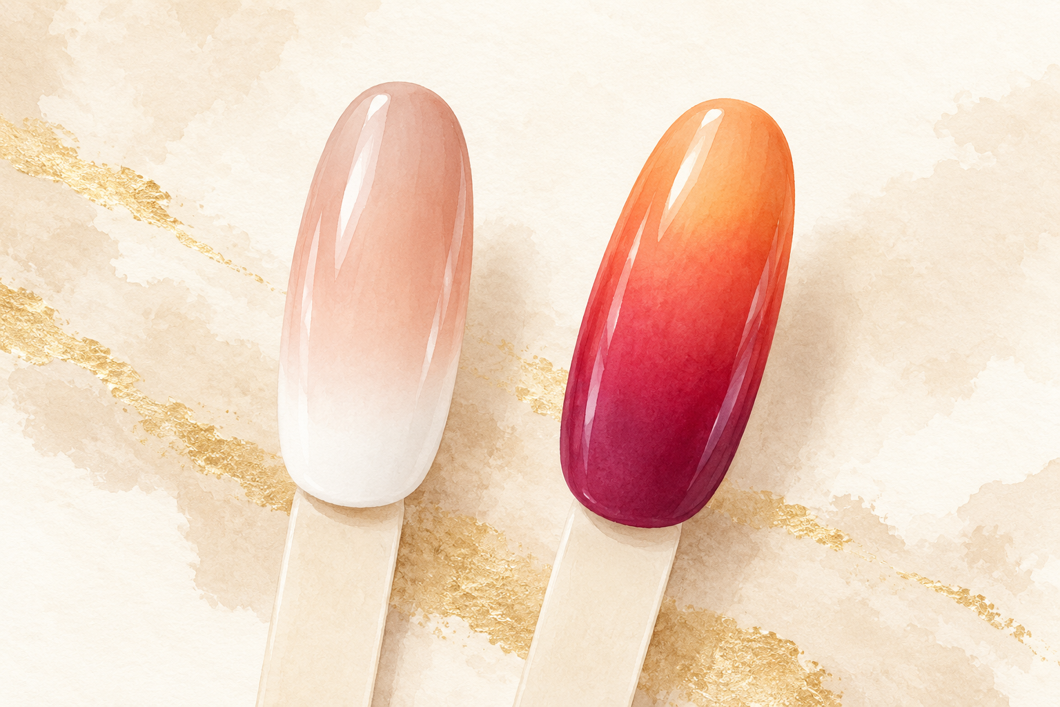 Two nail swatches show a nude-to-white French fade and a sunset orange-to-berry gradient.
