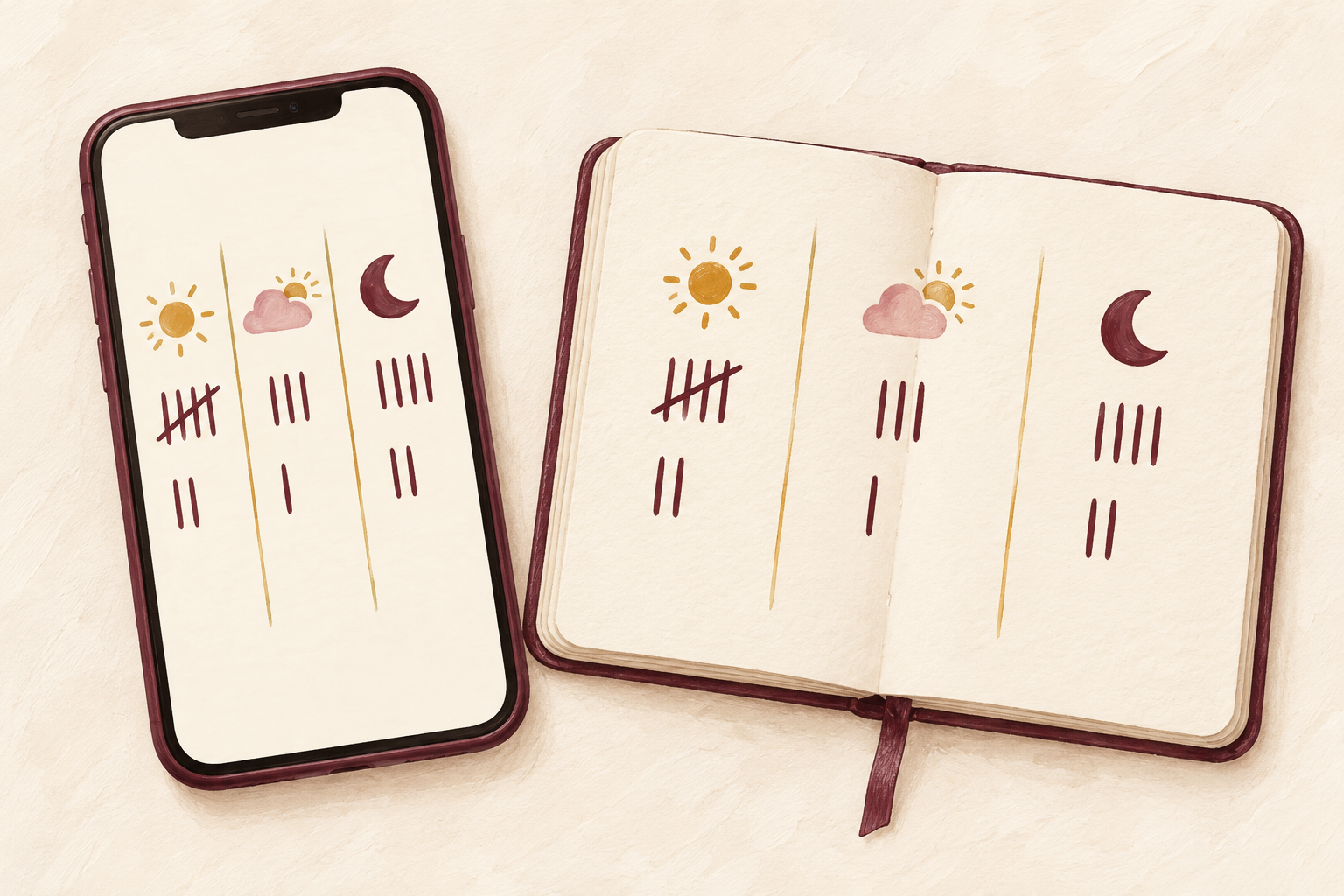 A phone and notebook show tally marks arranged in three columns with sun, cloud and moon symbols.