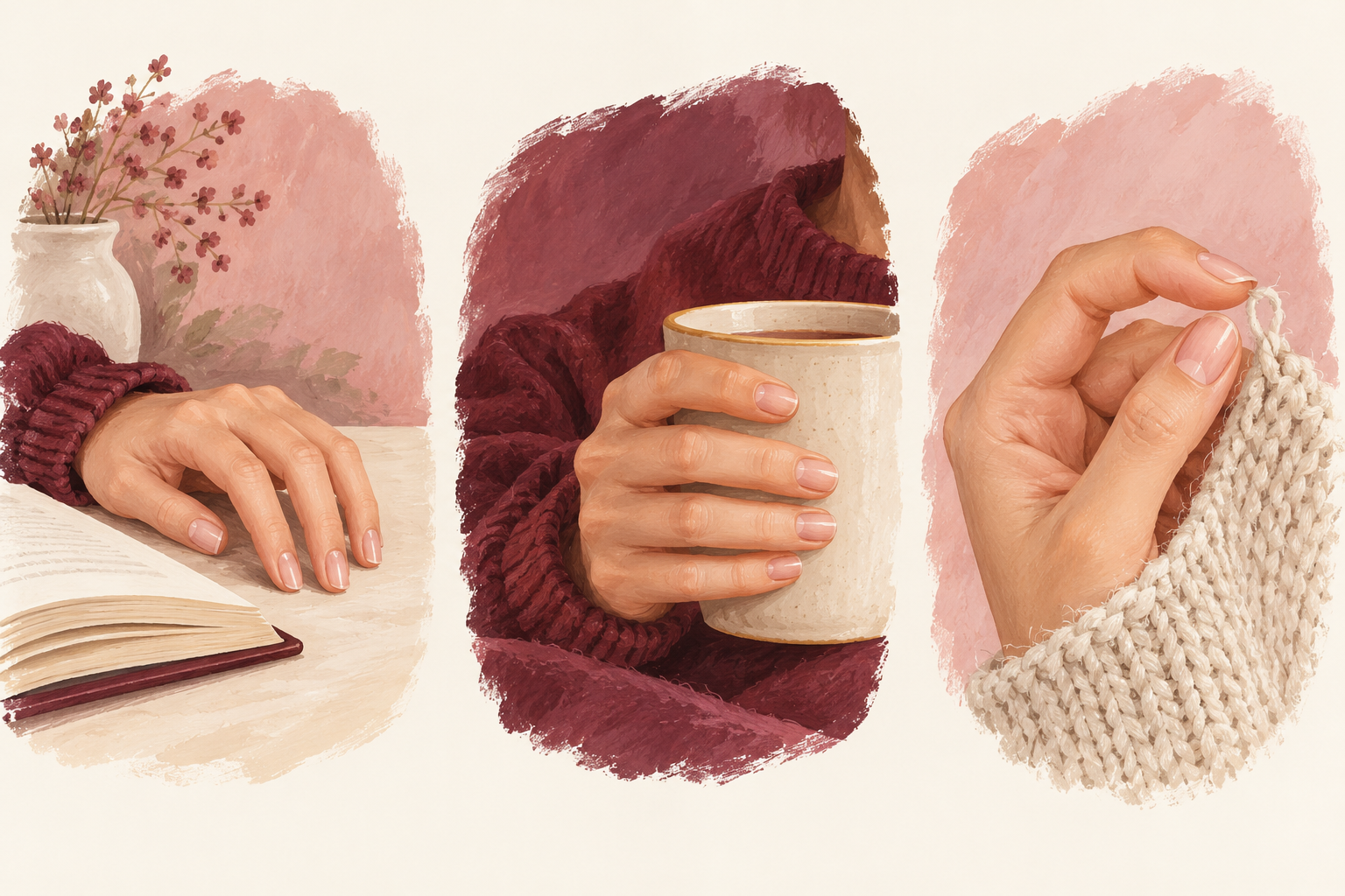 Three scenes show a hand resting on a book, a hand holding a mug and a nail catching on knitted fabric.
